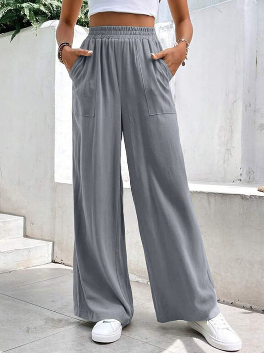 High Waist Wide Leg Pants with Pockets-[Adult]-[Female]-Gray-S-2022 Online Blue Zone Planet