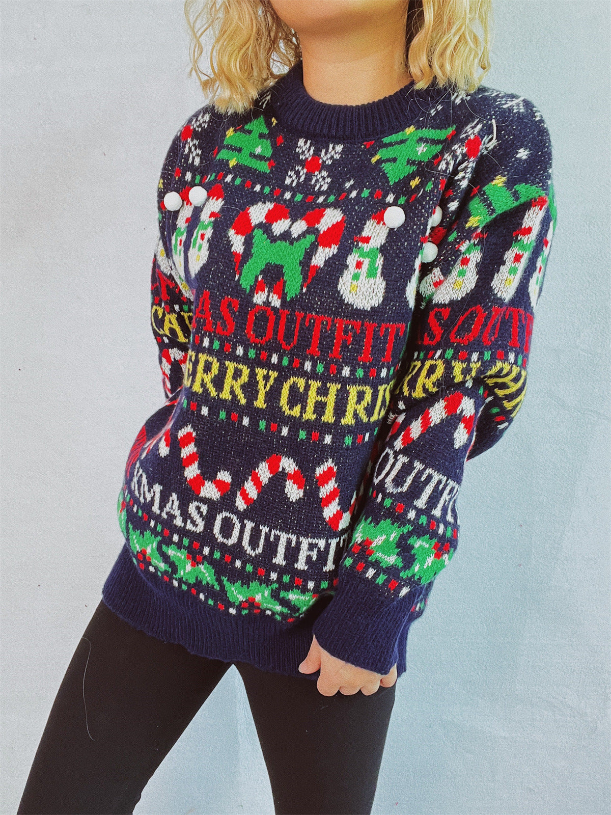 Christmas Pattern Round Neck Long Sleeve Sweater-TOPS / DRESSES-[Adult]-[Female]-2022 Online Blue Zone Planet