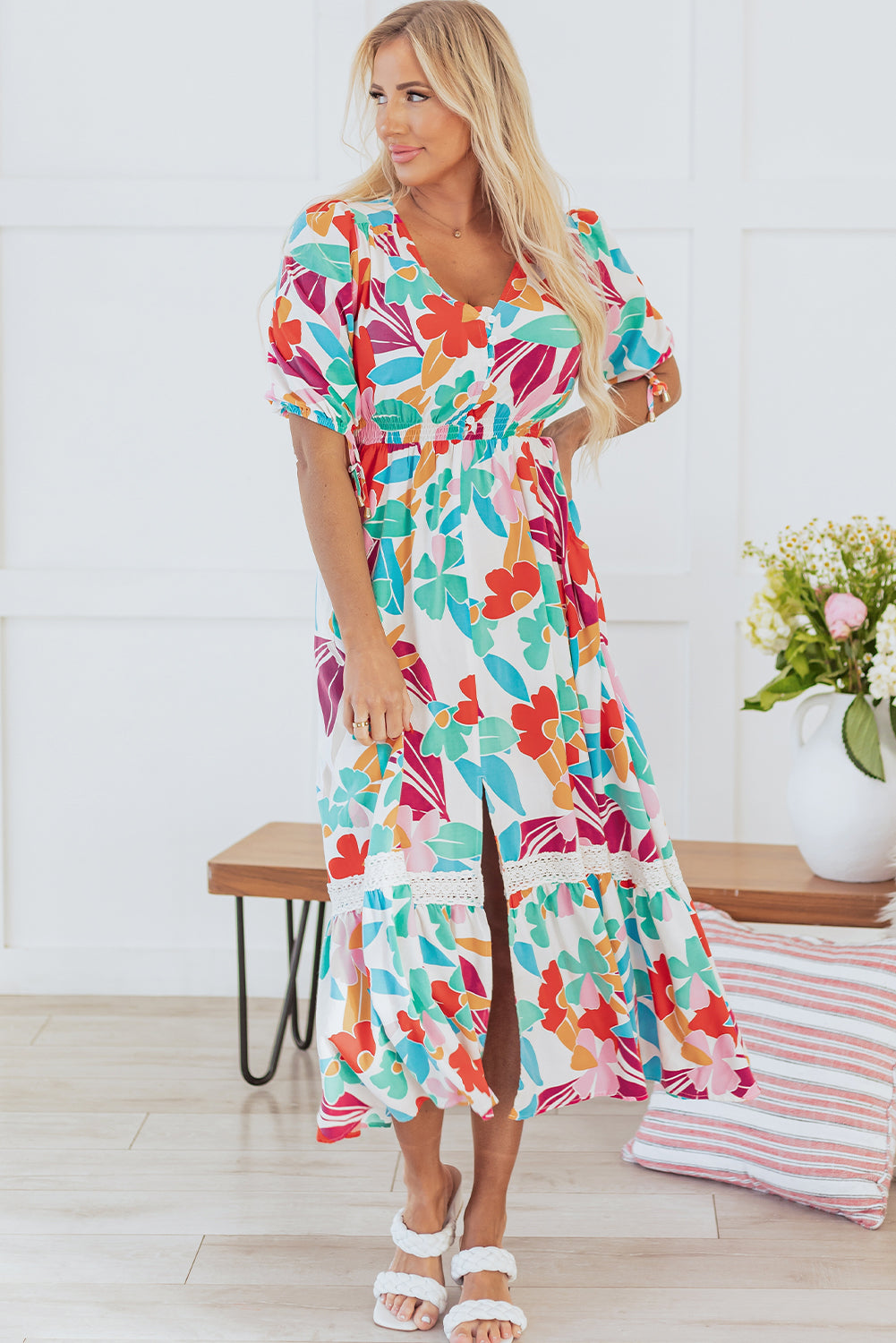 Rose Red Floral Knot Puff Sleeve V Neck Buttoned Front Split Lace Maxi Dress-TOPS / DRESSES-[Adult]-[Female]-2022 Online Blue Zone Planet