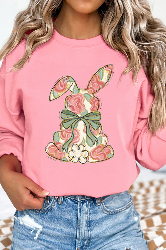 Pink Floral Bow Rabbit Easter Fashion Pullover Sweatshirt-Graphic/Graphic Sweatshirts-[Adult]-[Female]-Pink-S-2022 Online Blue Zone Planet