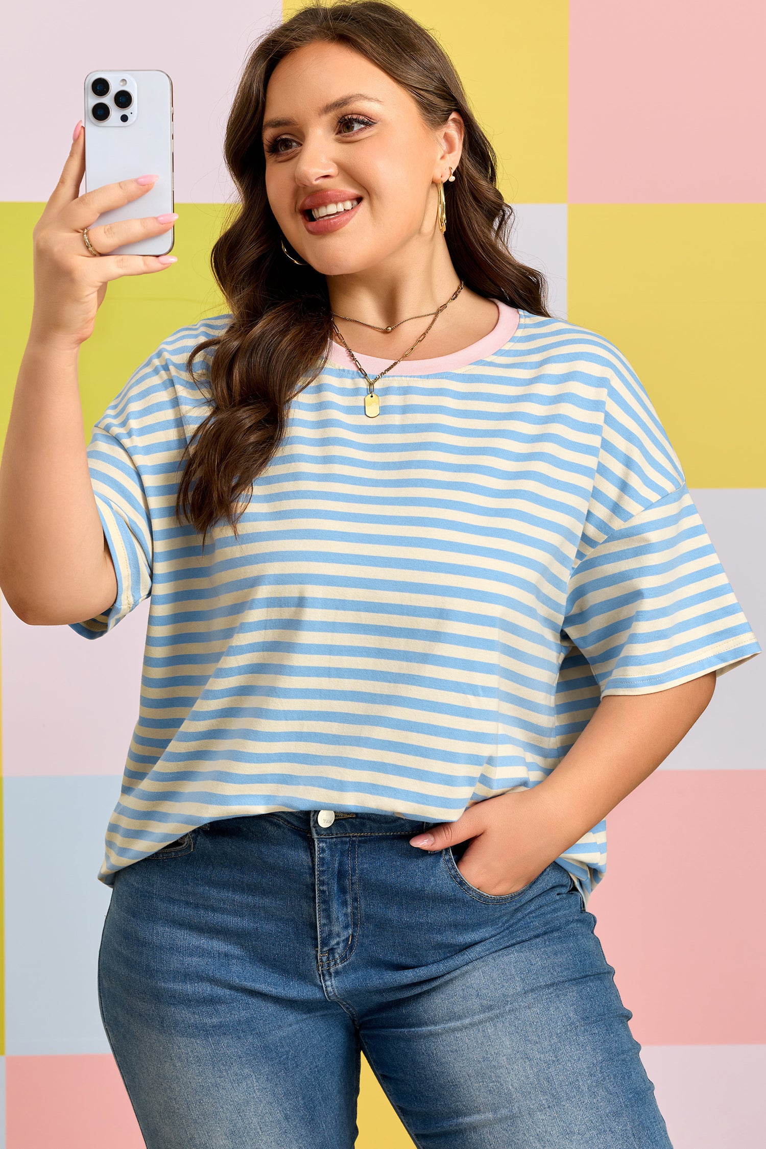 Sky Blue Stripe Plus Size Drop Shoulder Contrast Trim Round Neck Tee-Plus Size/Plus Size Tops/Plus Size Tops & Tees-[Adult]-[Female]-2022 Online Blue Zone Planet