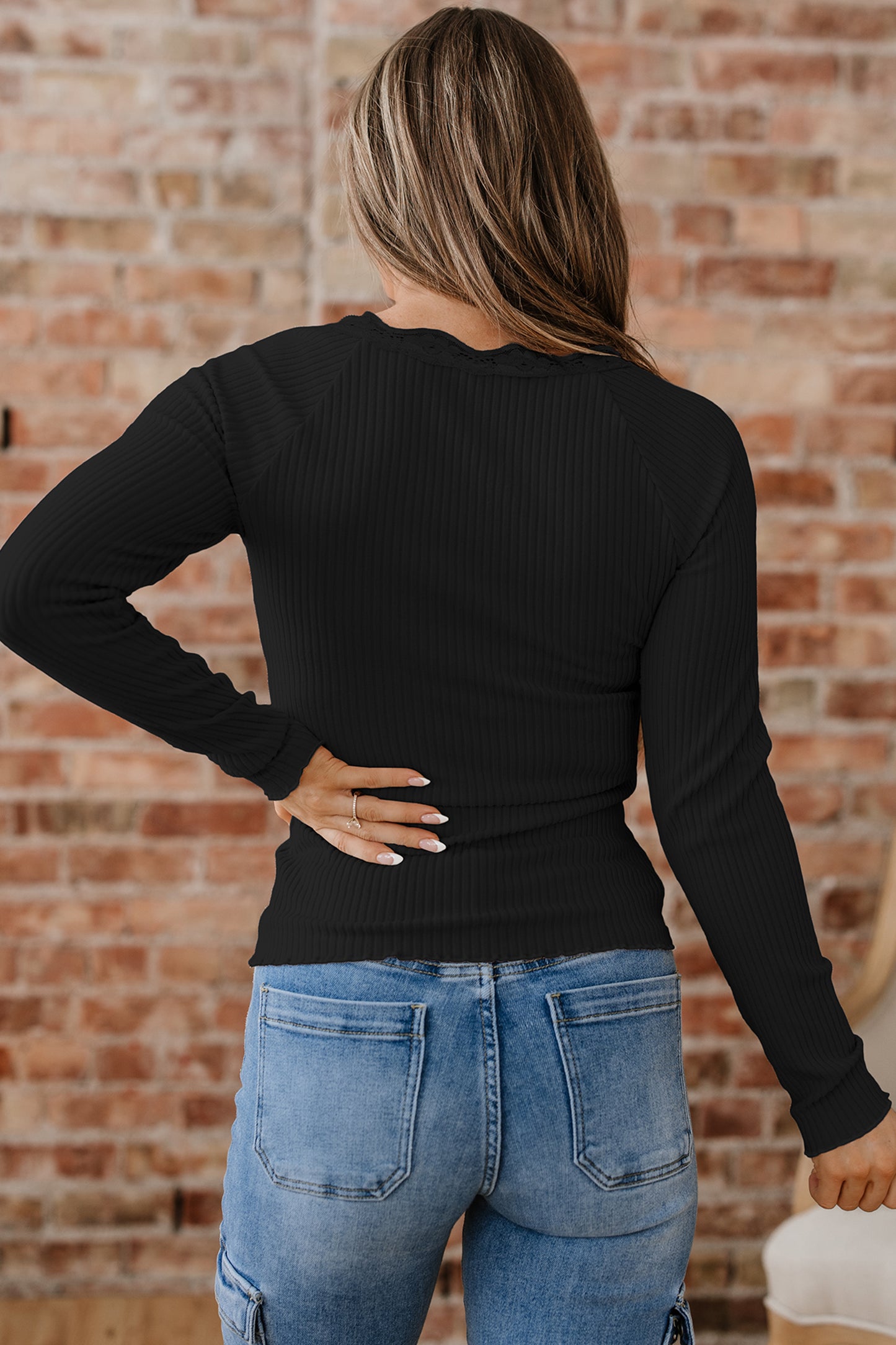 Black Lace Neckline Button Decor Lettuce Edge Long Sleeve Ribbed Top-Tops/Long Sleeve Tops-[Adult]-[Female]-2022 Online Blue Zone Planet