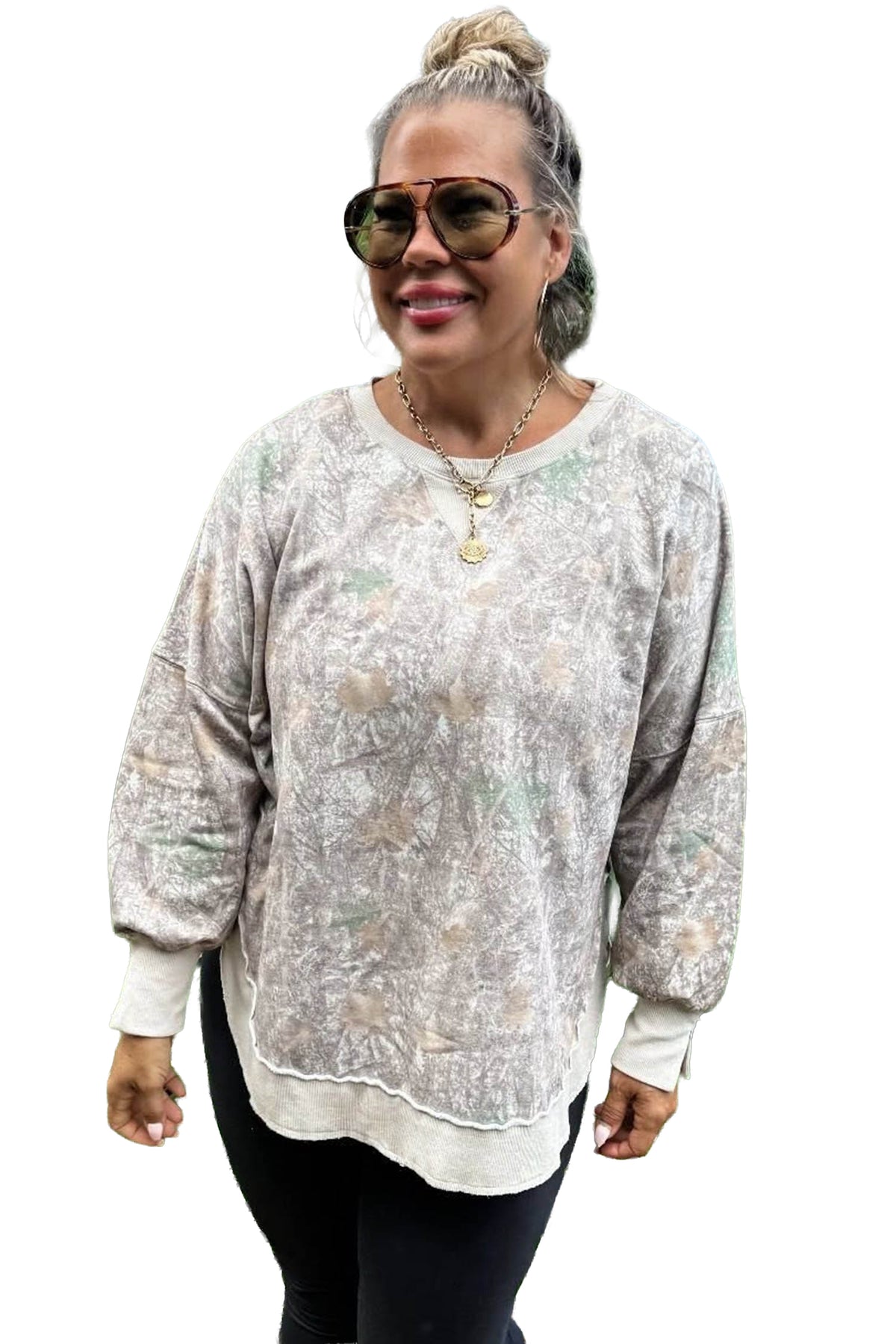 Khaki Camouflage Print Round Neck Long Sleeve Shift Plus Size Sweatshirt-Plus Size/Plus Size Sweatshirts & Hoodies-[Adult]-[Female]-2022 Online Blue Zone Planet