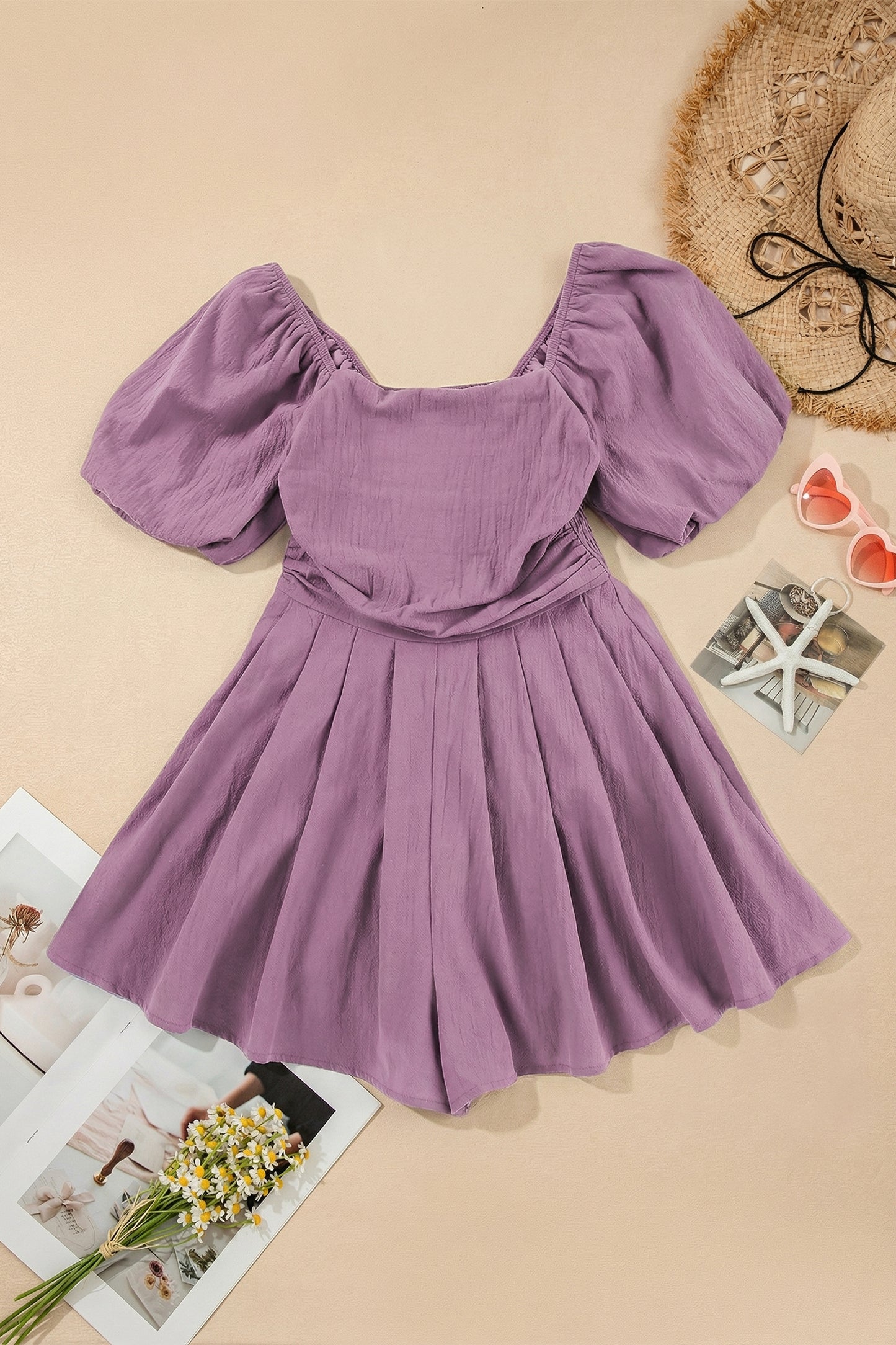 Valerian Square Neck Ruched Puff Sleeve Romper-Bottoms/Jumpsuits & Rompers-[Adult]-[Female]-2022 Online Blue Zone Planet