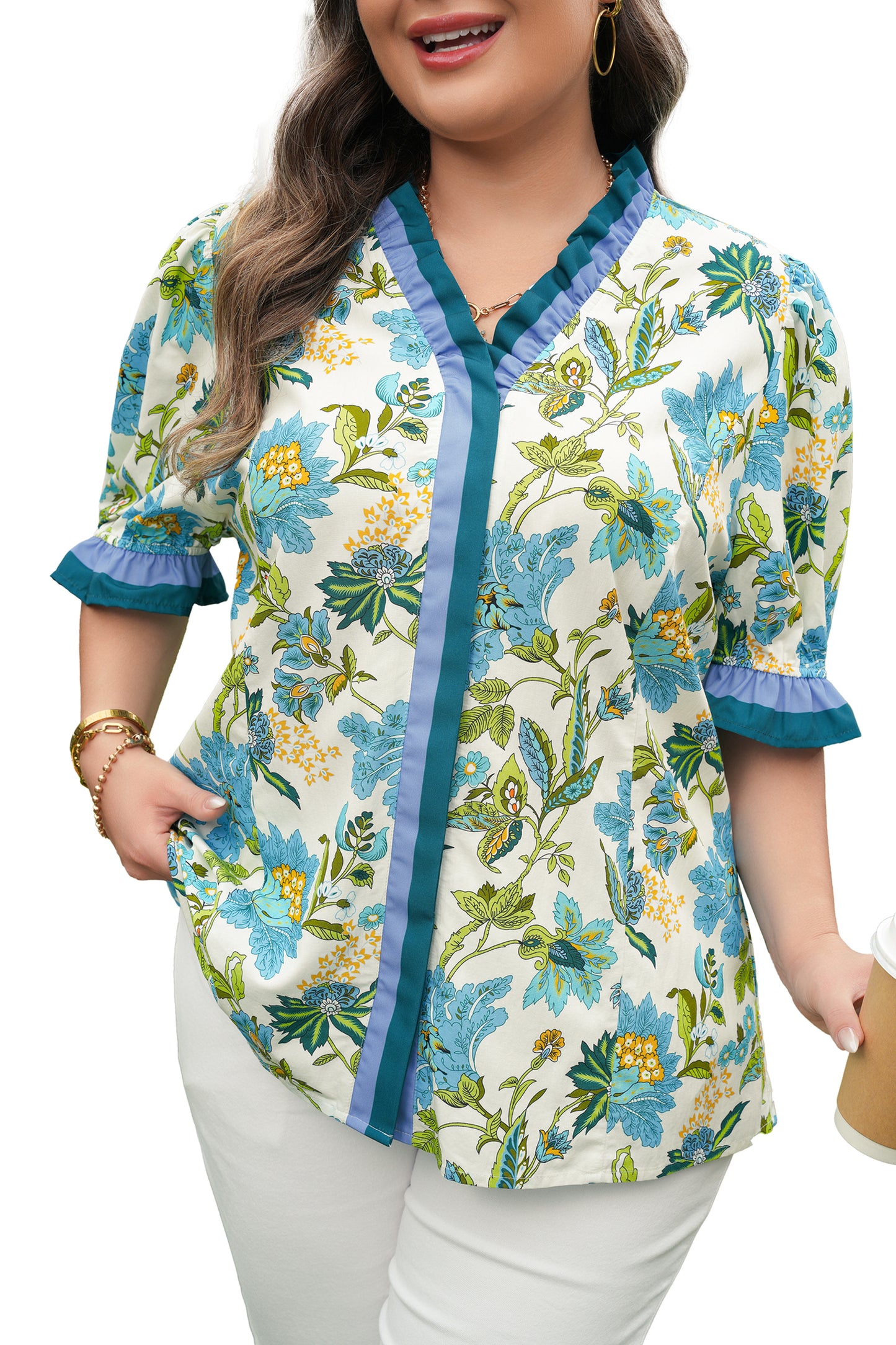 Sky Blue Plus Size Frilled V Neck Short Sleeve Floral Blouse-Plus Size/Plus Size Tops/Plus Size Blouses & Shirts-[Adult]-[Female]-2022 Online Blue Zone Planet