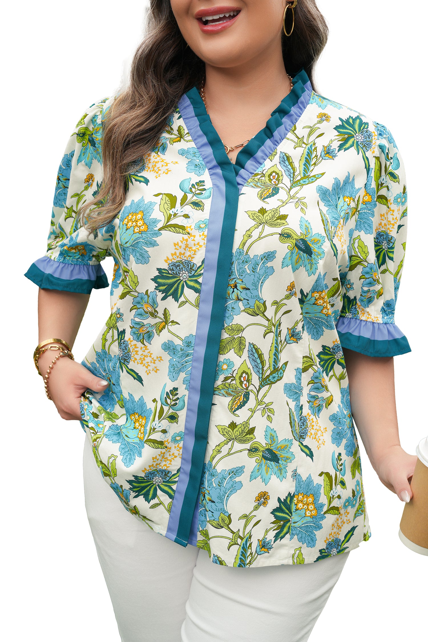 Sky Blue Plus Size Frilled V Neck Short Sleeve Floral Blouse-Plus Size/Plus Size Tops/Plus Size Blouses & Shirts-[Adult]-[Female]-2022 Online Blue Zone Planet