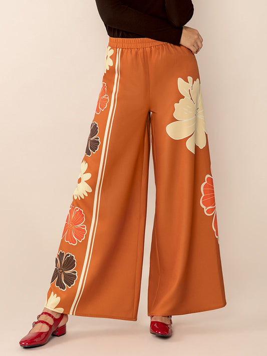 Printed Elastic Waist Wide Leg Pants-BOTTOM SIZES SMALL MEDIUM LARGE-[Adult]-[Female]-Tangerine-S-2022 Online Blue Zone Planet