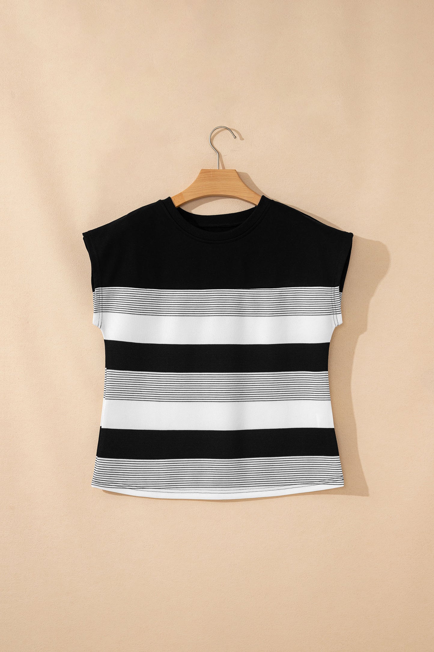 Black Stripe Mixed Print Crew Neck Cap Sleeve T Shirt-Tops/Tops & Tees-[Adult]-[Female]-2022 Online Blue Zone Planet