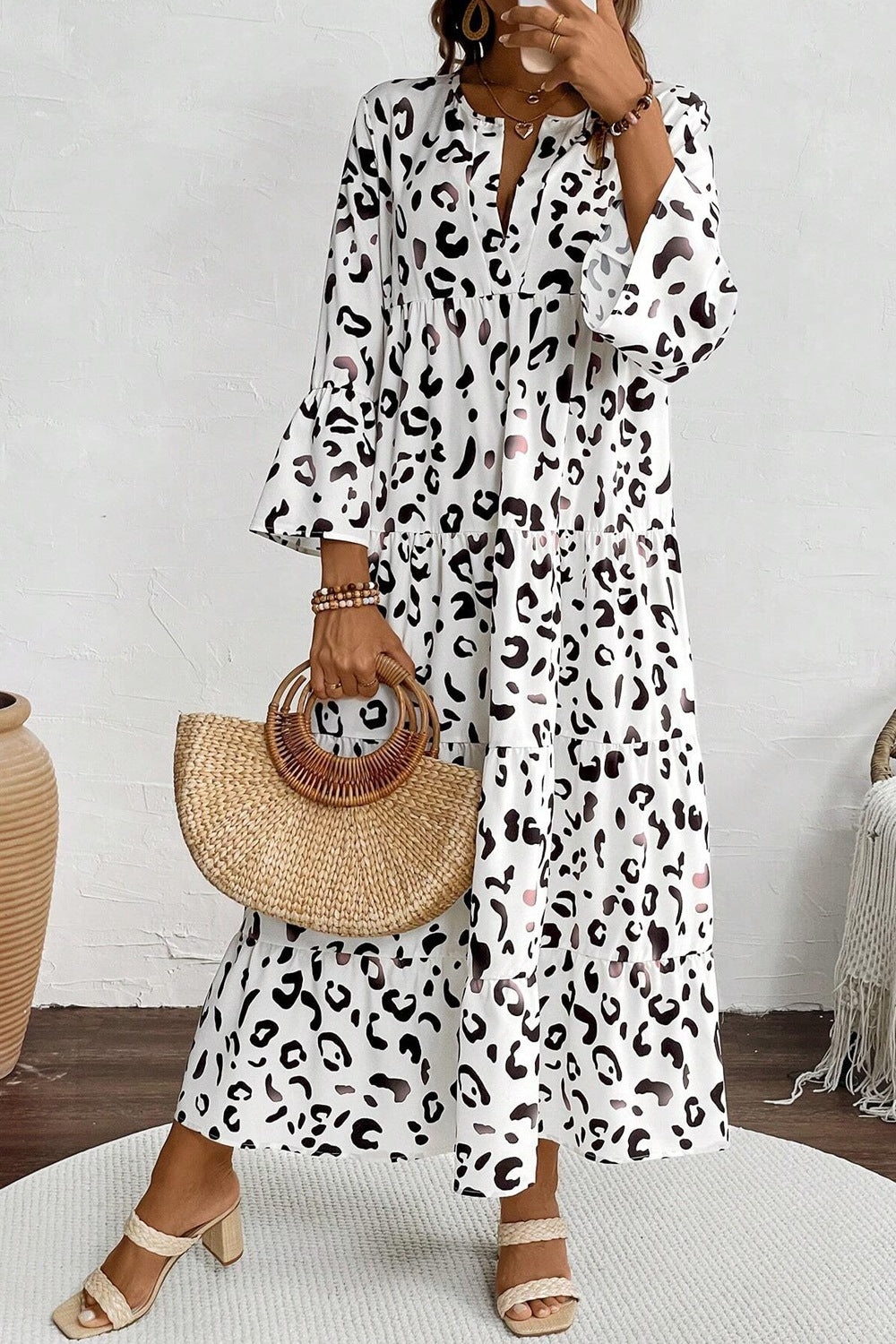 Leopard Notched Long Sleeve Dress-TOPS / DRESSES-[Adult]-[Female]-2022 Online Blue Zone Planet