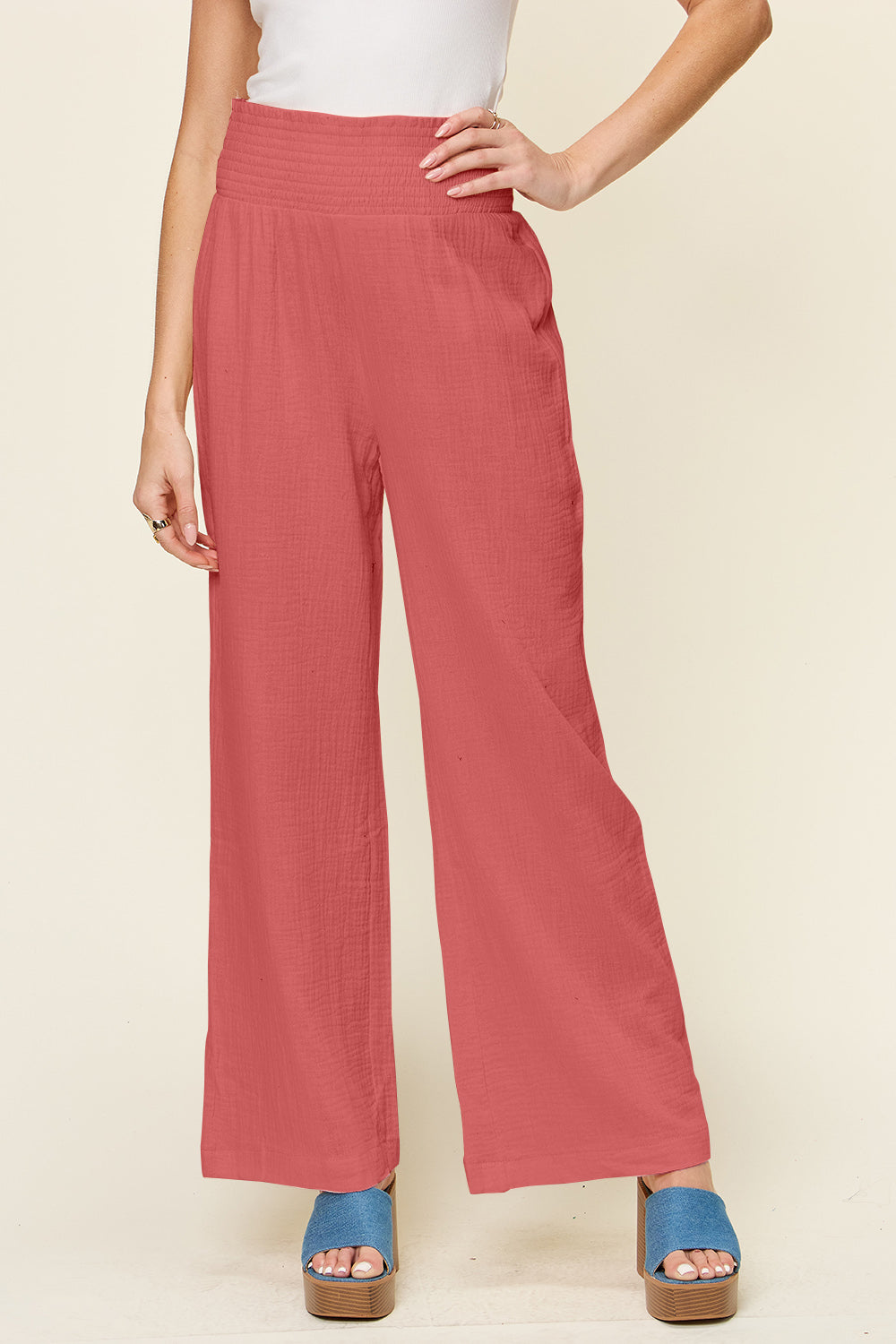 Double Take Full Size Texture Smocked Waist Wide Leg Pants-BOTTOMS SIZES SMALL MEDIUM LARGE-[Adult]-[Female]-Hot Pink-S-2022 Online Blue Zone Planet