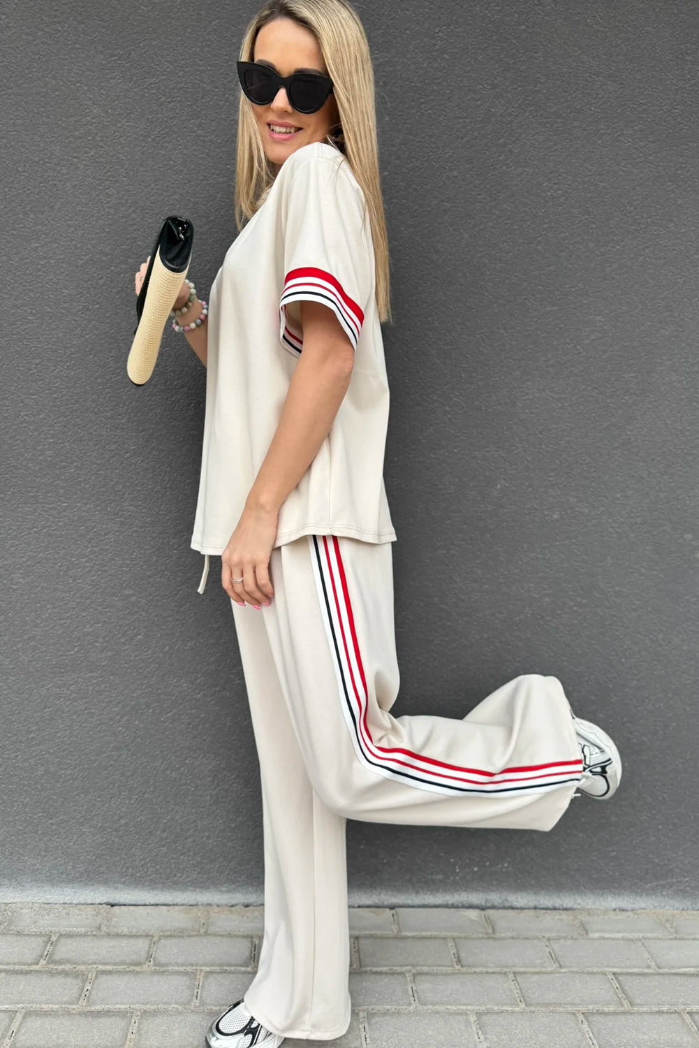 Jet Stream Contrast Striped Trim Crewneck T Shirt Loose Straight Pants Set-Two Piece Sets/Pant Sets-[Adult]-[Female]-2022 Online Blue Zone Planet