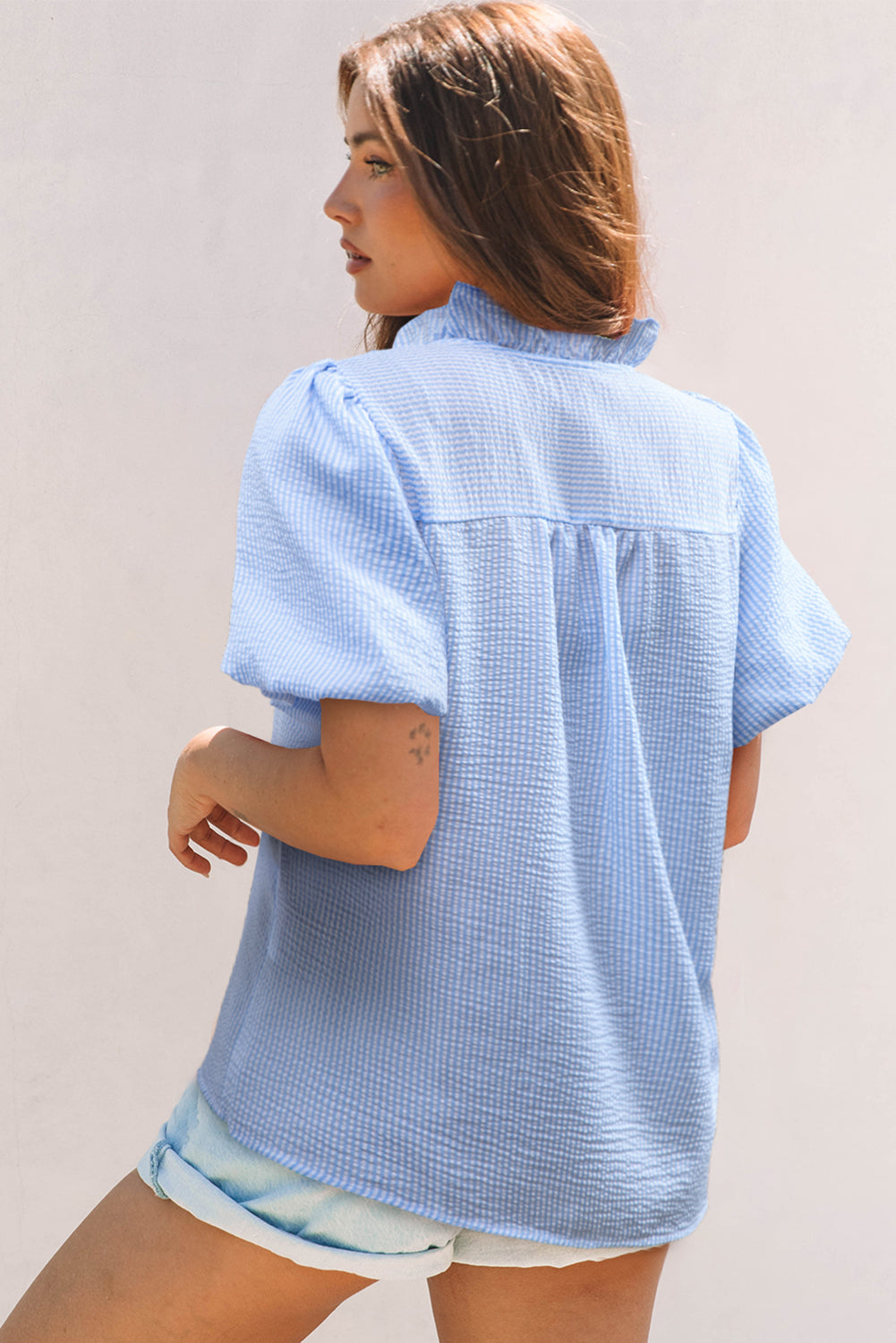 Beau Blue Striped Ruffle Short Bubble Sleeve Shirt-Tops/Blouses & Shirts-[Adult]-[Female]-2022 Online Blue Zone Planet