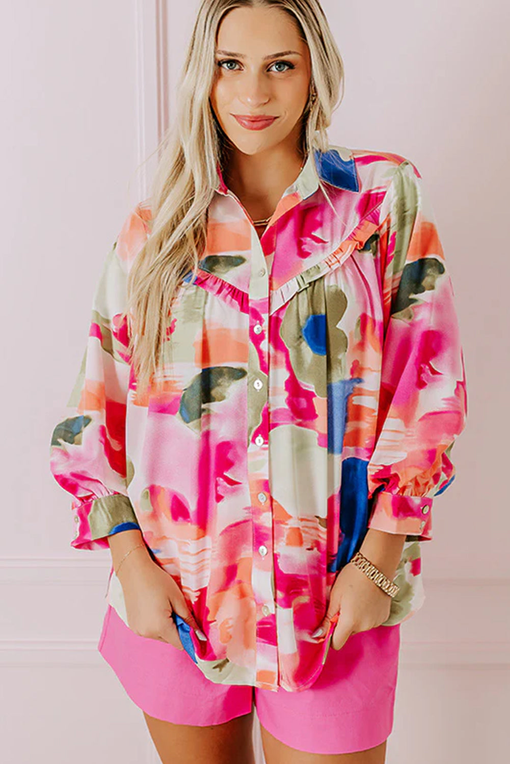 Rose Abstract Print Ruffled Puff Sleeve Shirt-Tops/Blouses & Shirts-[Adult]-[Female]-2022 Online Blue Zone Planet