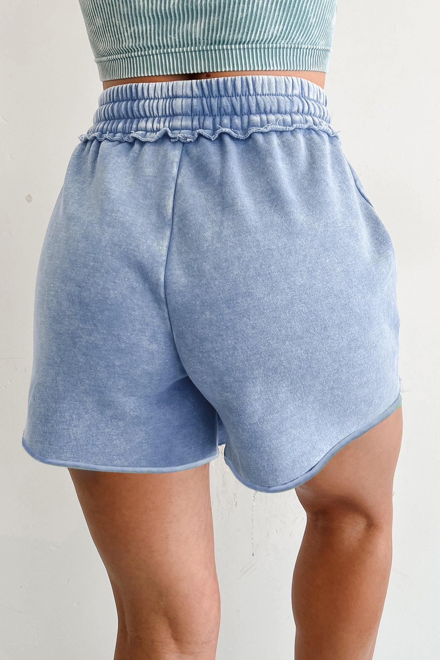 Sky Blue Mineral Washed Drawstring Elastic Waist Raw Cut Shorts-Bottoms/Casual Shorts-[Adult]-[Female]-2022 Online Blue Zone Planet
