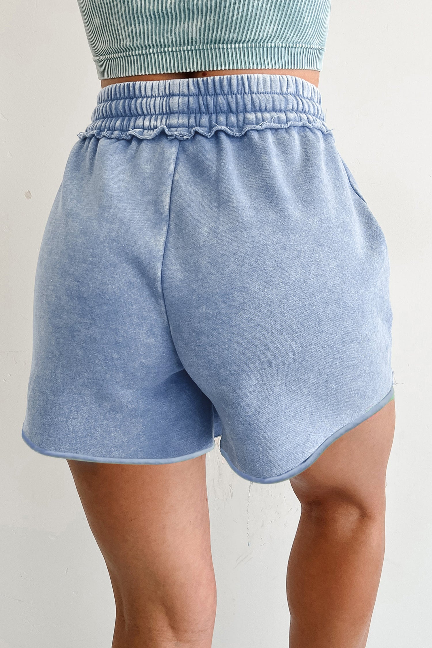 Sky Blue Mineral Washed Drawstring Elastic Waist Raw Cut Shorts-Bottoms/Casual Shorts-[Adult]-[Female]-2022 Online Blue Zone Planet