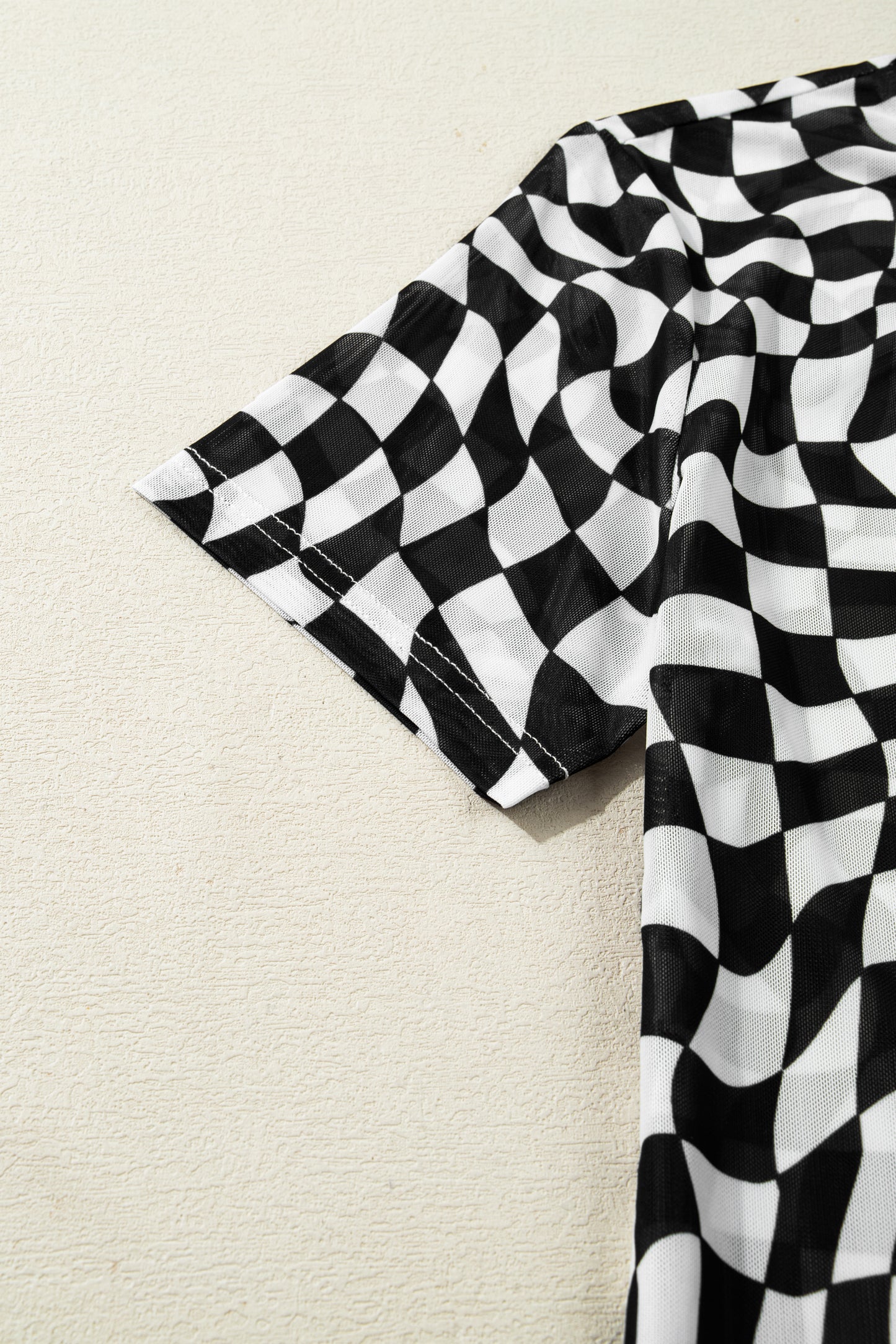 Black Checkered Print Mock Neck Mesh T Shirt-Tops/Tops & Tees-[Adult]-[Female]-2022 Online Blue Zone Planet