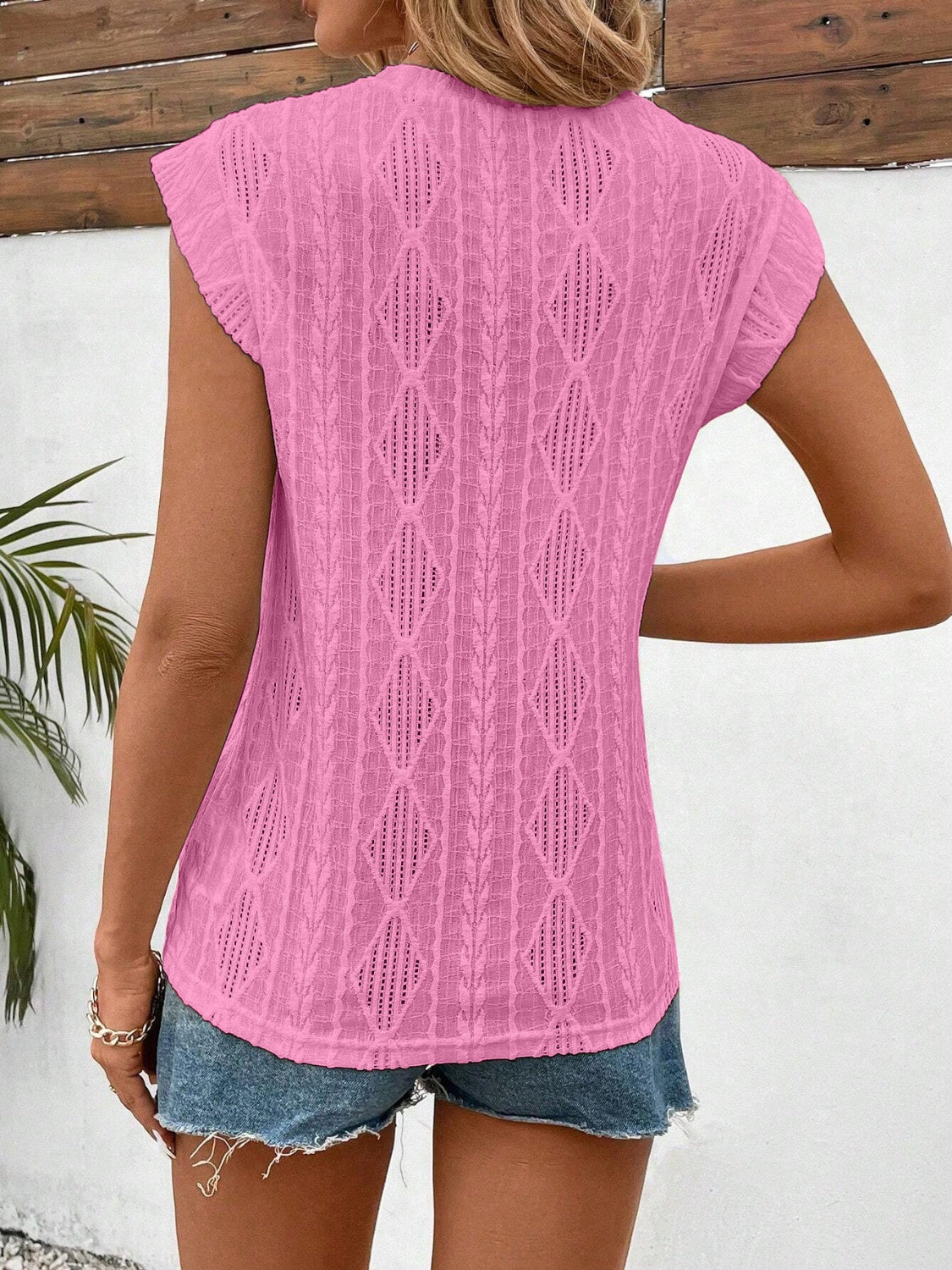 Openwork Round Neck Cap Sleeve Top-TOPS / DRESSES-[Adult]-[Female]-Pink-S-2022 Online Blue Zone Planet