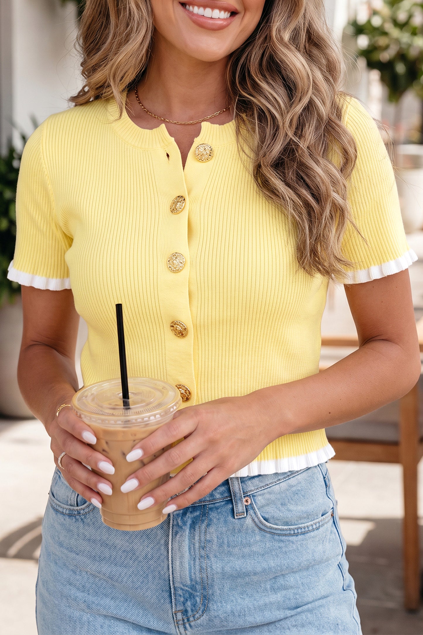 Yellow Cream Ribbed Knit Contrast Frilled Short Sleeve Sweater Cardigan-TOPS / DRESSES-[Adult]-[Female]-2022 Online Blue Zone Planet