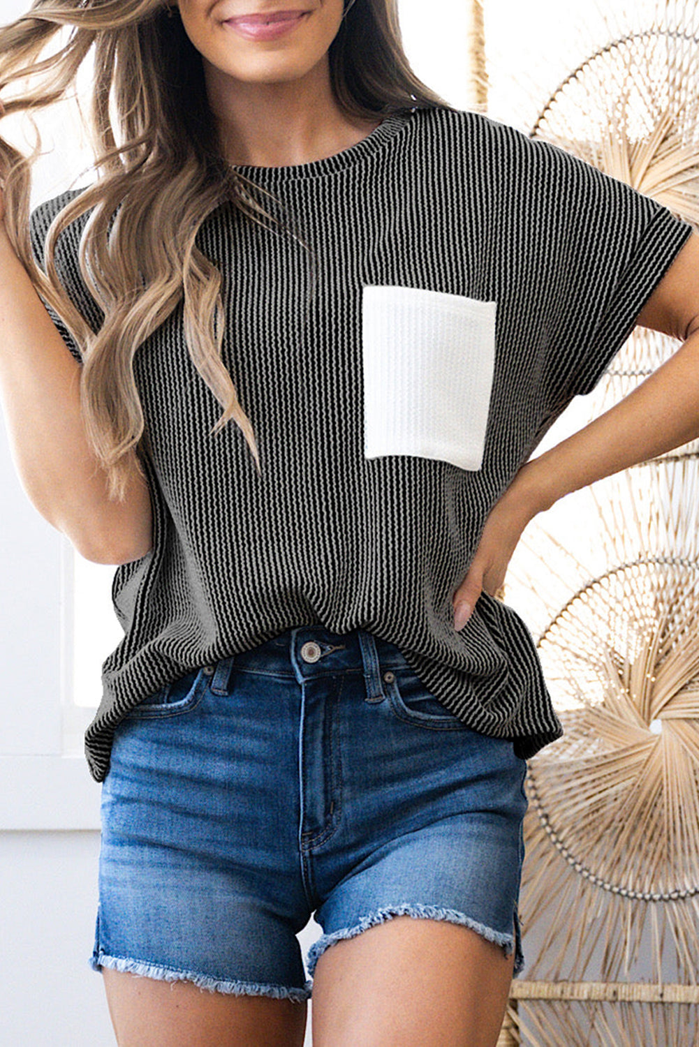 Carbon Grey Corded Knit Color Block Pocketed Crew Neck T Shirt-Tops/Tops & Tees-[Adult]-[Female]-Carbon Grey-S-2022 Online Blue Zone Planet