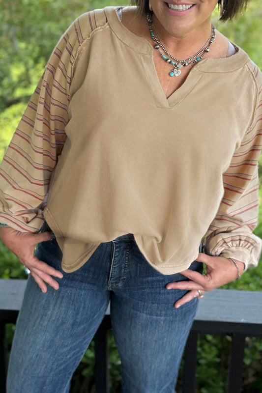 Parchment Striped Raglan Sleeve Notched Neck Raw Edge Plus Size Jumper-Plus Size/Plus Size Tops/Plus Size Long Sleeve Tops-[Adult]-[Female]-Parchment-1X-2022 Online Blue Zone Planet