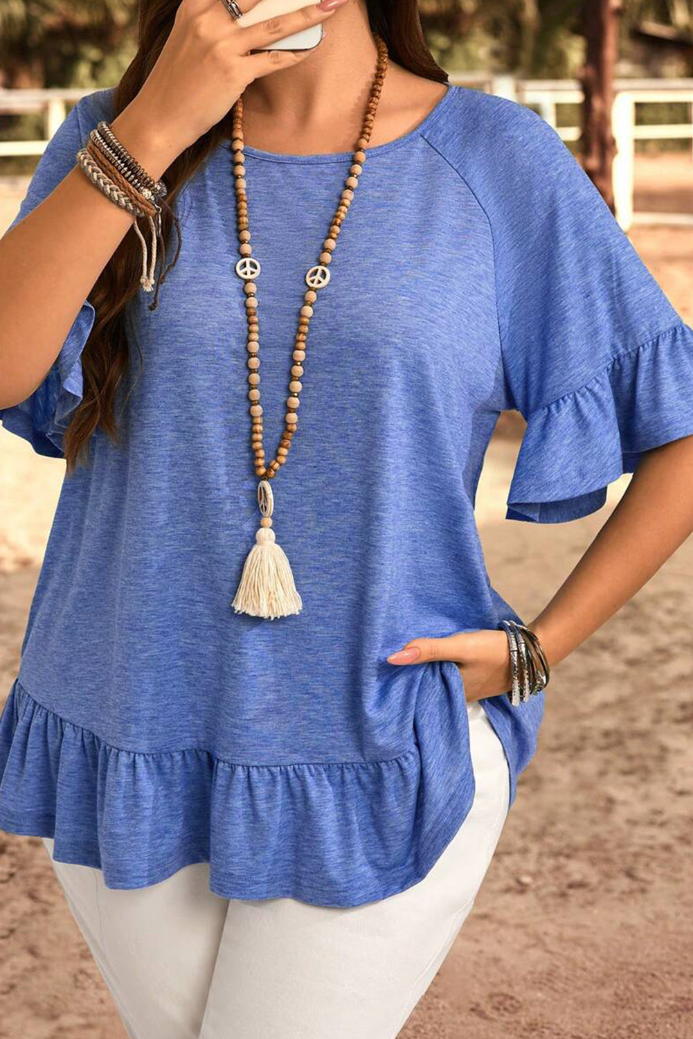 Dusk Blue Ruffled Short Sleeve Plus Size Casual Blouse-Plus Size/Plus Size Tops/Plus Size Tops & Tees-[Adult]-[Female]-Dusk Blue-1X-2022 Online Blue Zone Planet