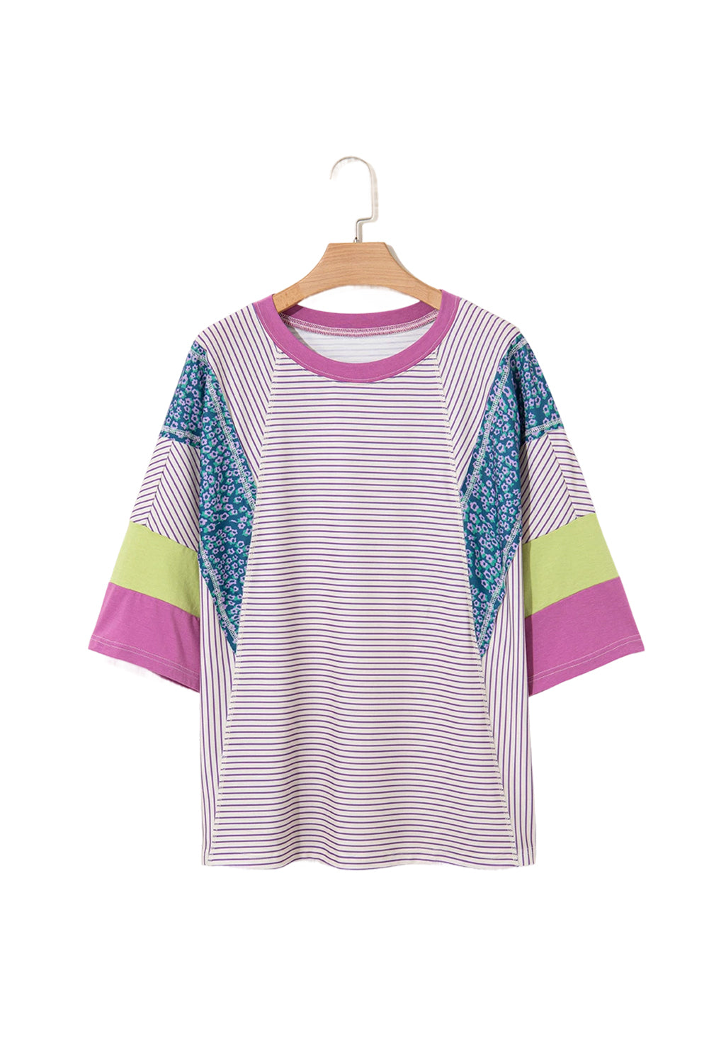 Purple Stripe Floral Color Block Raw Edge Patchwork Bracelet Sleeve Blouse-Bracelet-[Adult]-[Female]-2022 Online Blue Zone Planet