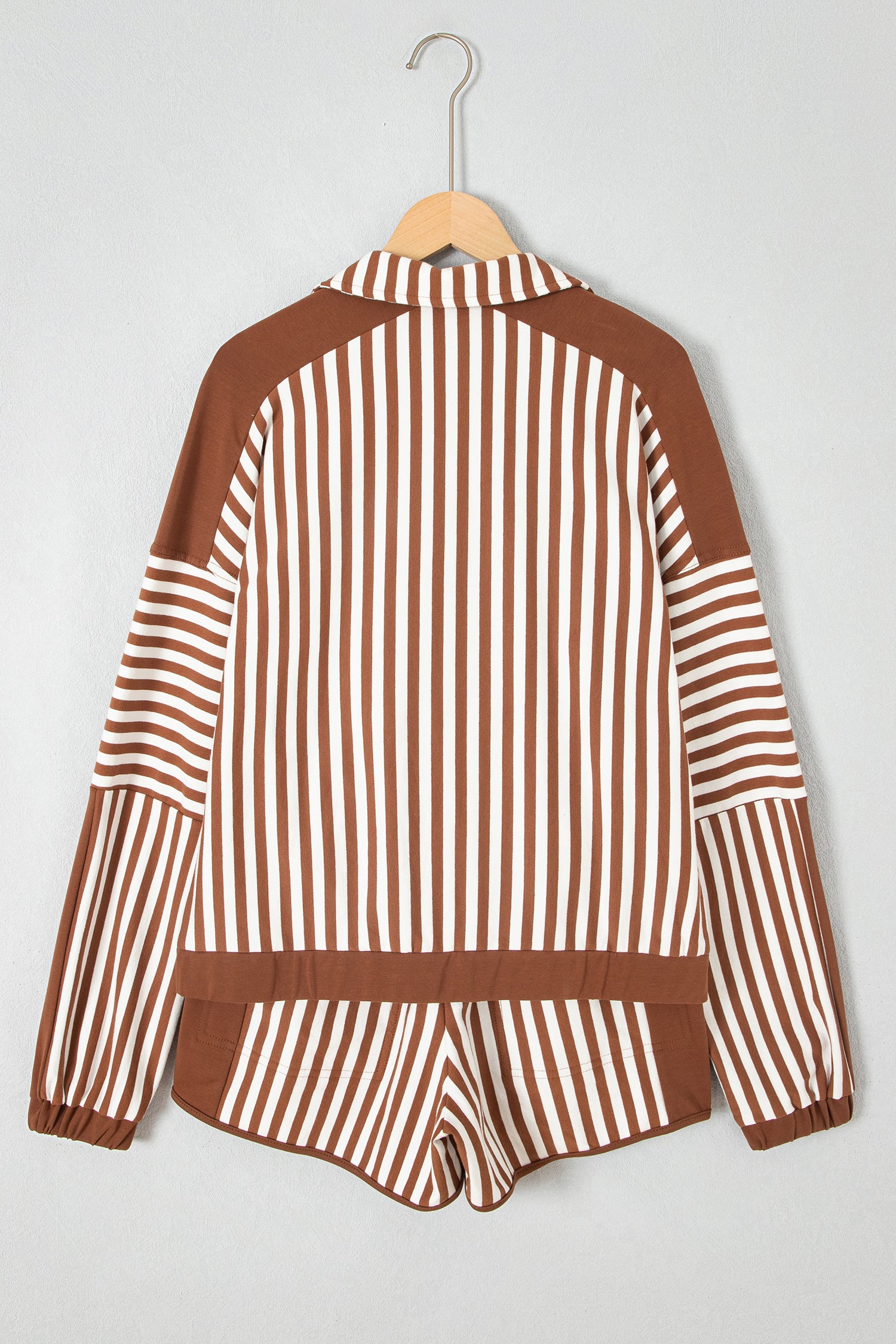 Brown Stripe Color Block Patchwork Quarter Zip Pullover Sporty Shorts Set-Two Piece Sets/Short Sets-[Adult]-[Female]-2022 Online Blue Zone Planet