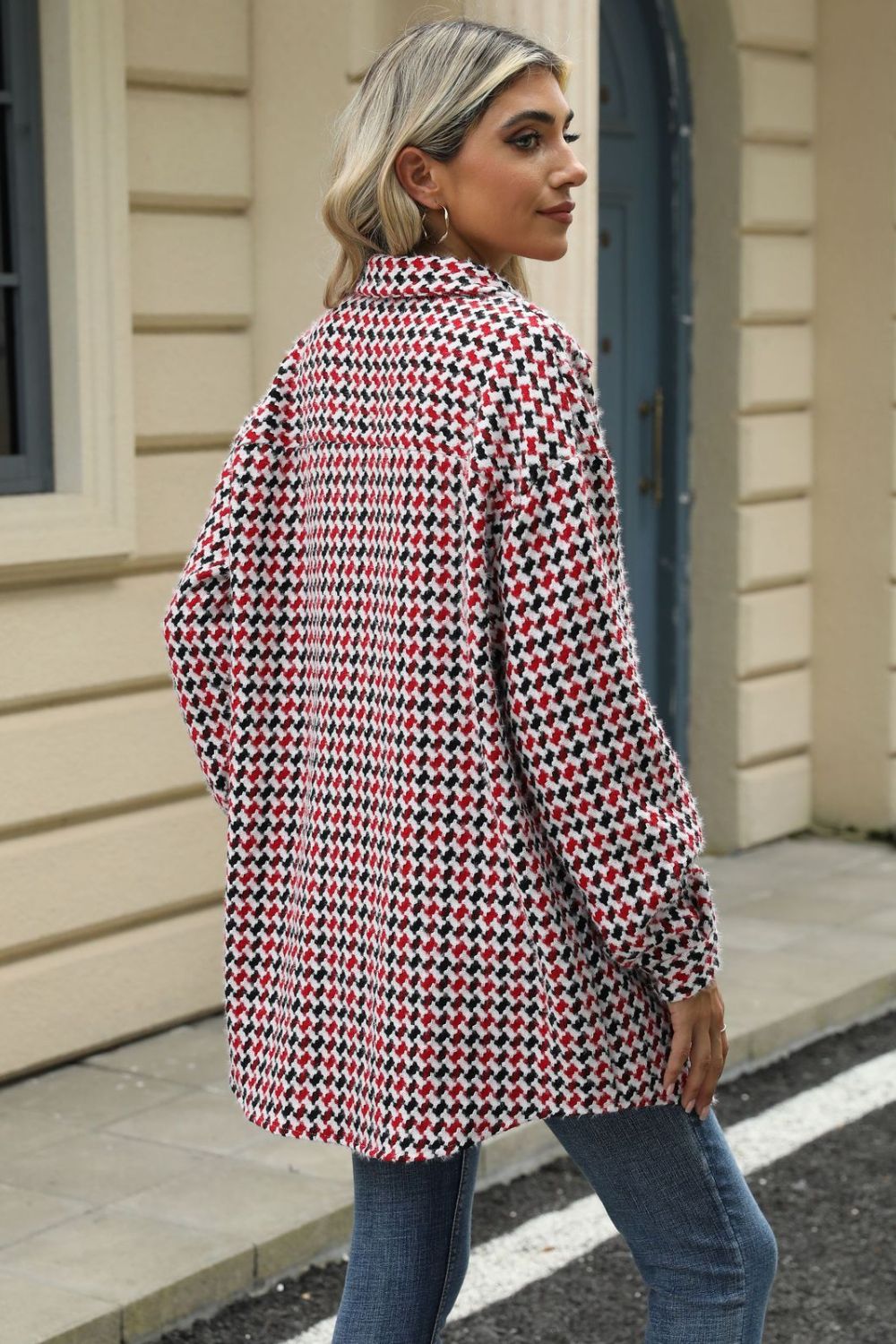 Houndstooth Button Up Dropped Shoulder Coat-TOPS / DRESSES-[Adult]-[Female]-2022 Online Blue Zone Planet