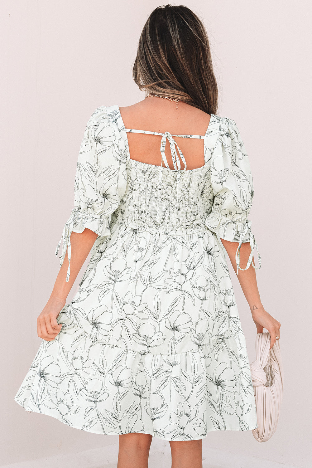 Beige Floral Print Square Neck Shirred Back Puff Sleeve Mini Dress-TOPS / DRESSES-[Adult]-[Female]-2022 Online Blue Zone Planet
