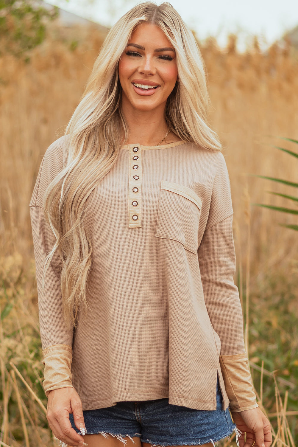 Dark Khaki Color Block Waffle Textured Tunic Henley Top With Slits-Tops/Long Sleeve Tops-[Adult]-[Female]-2022 Online Blue Zone Planet