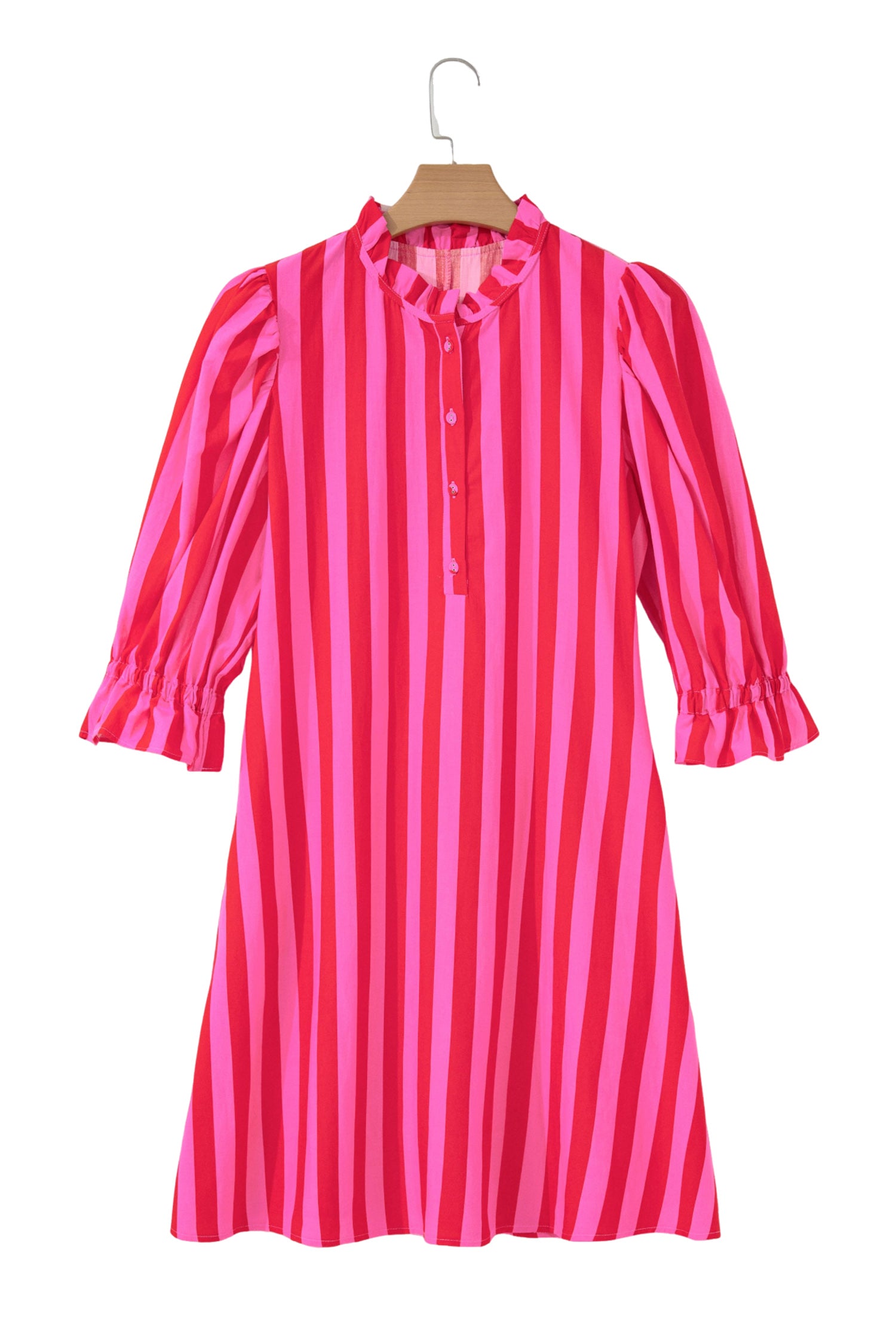 Rose Stripe Frilled Collar Button Neck Short Sleeve Curvy Mini Dress-TOPS / DRESSES-[Adult]-[Female]-2022 Online Blue Zone Planet