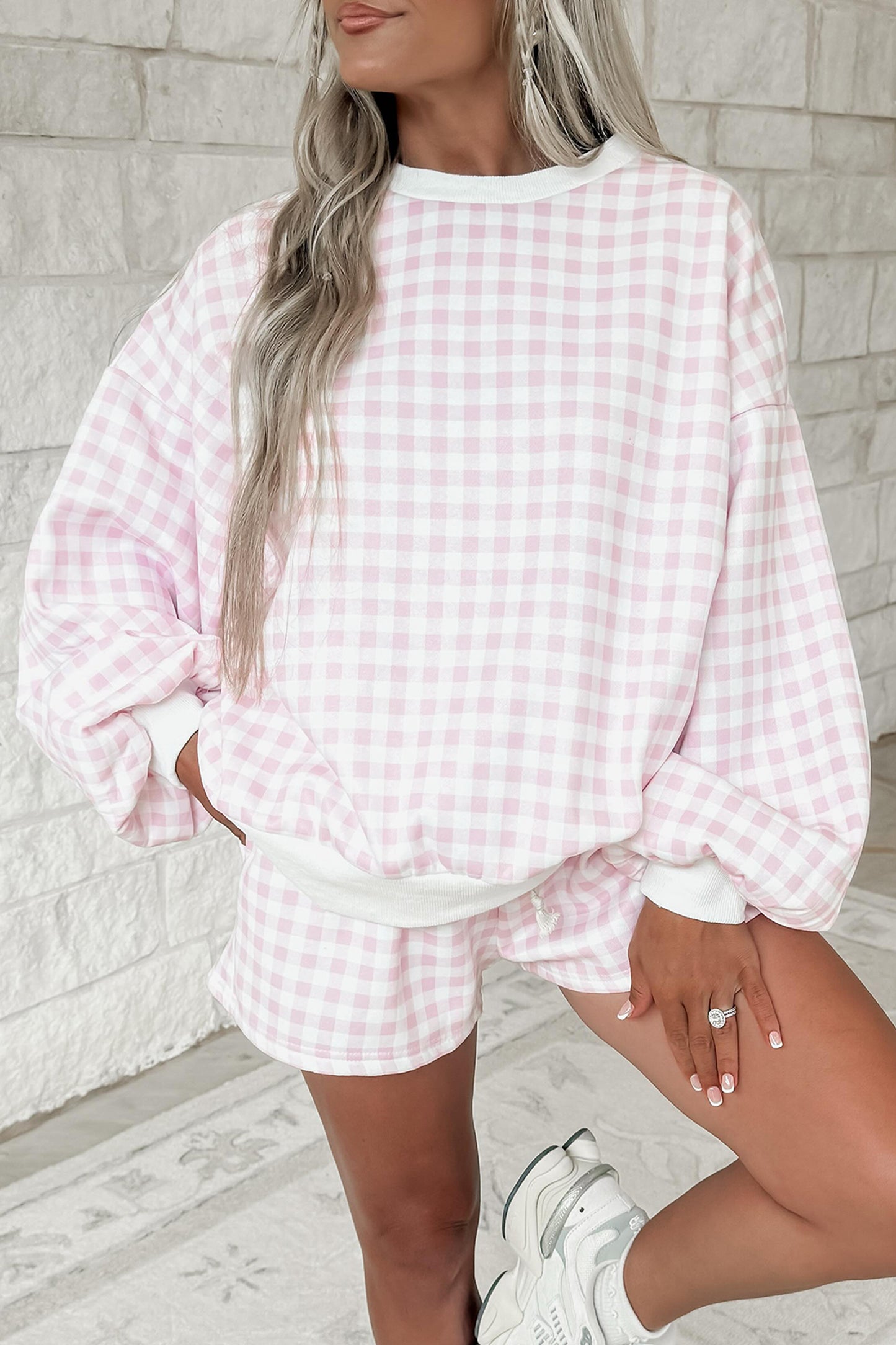 Pink Plaid Baggy Pullover Drawstring Casual Shorts 2pcs Outfit-Two Piece Sets/Short Sets-[Adult]-[Female]-Pink-S-2022 Online Blue Zone Planet