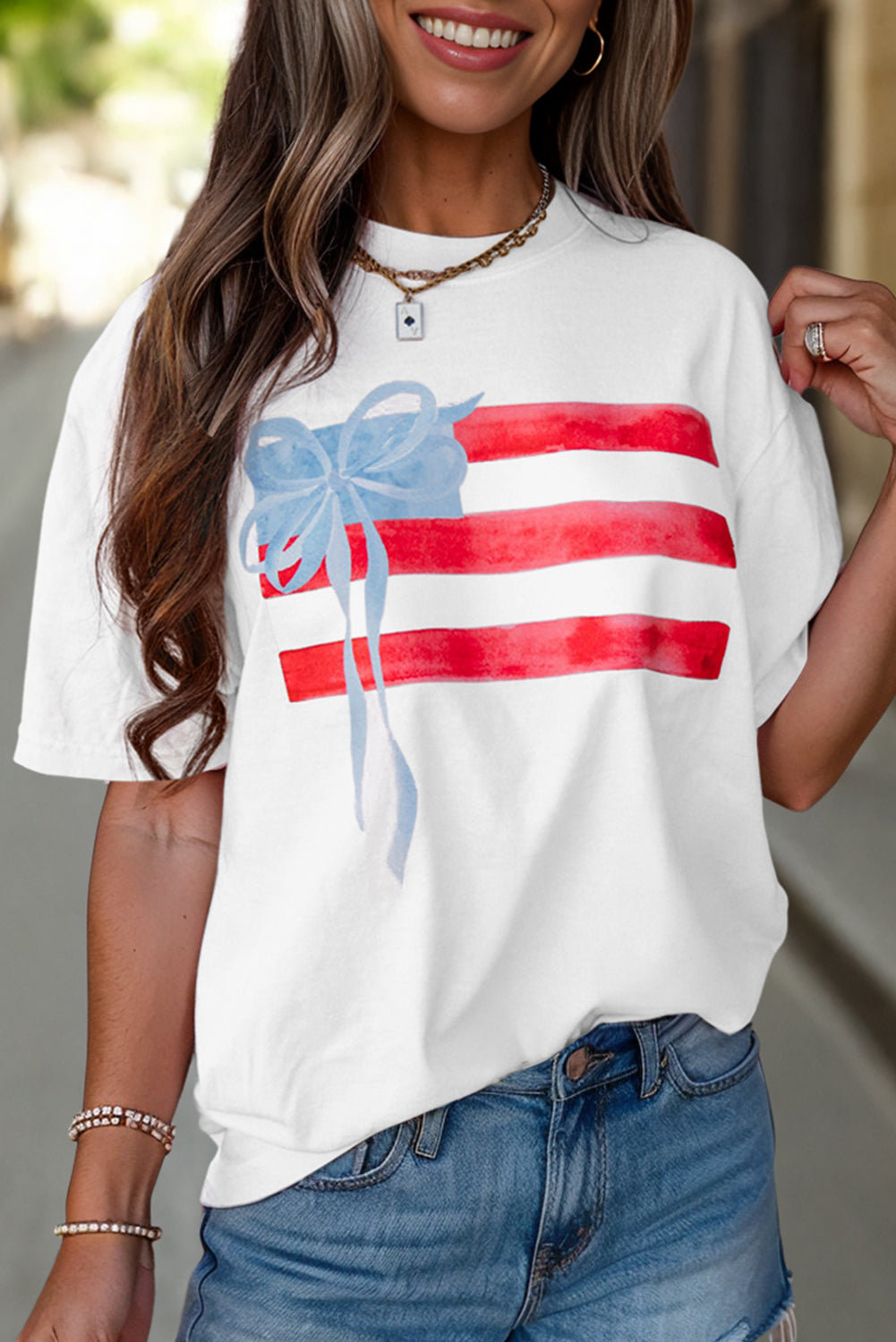 White Flag Bow Graphic Crewneck Tee-Tops/Tops & Tees-[Adult]-[Female]-2022 Online Blue Zone Planet