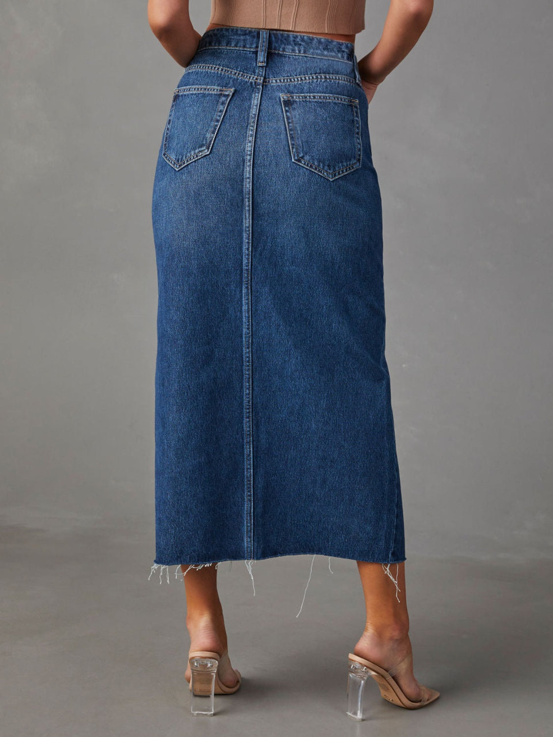 Slit Raw Hem Midi Denim Skirt-BOTTOMS SIZES SMALL MEDIUM LARGE-[Adult]-[Female]-2022 Online Blue Zone Planet