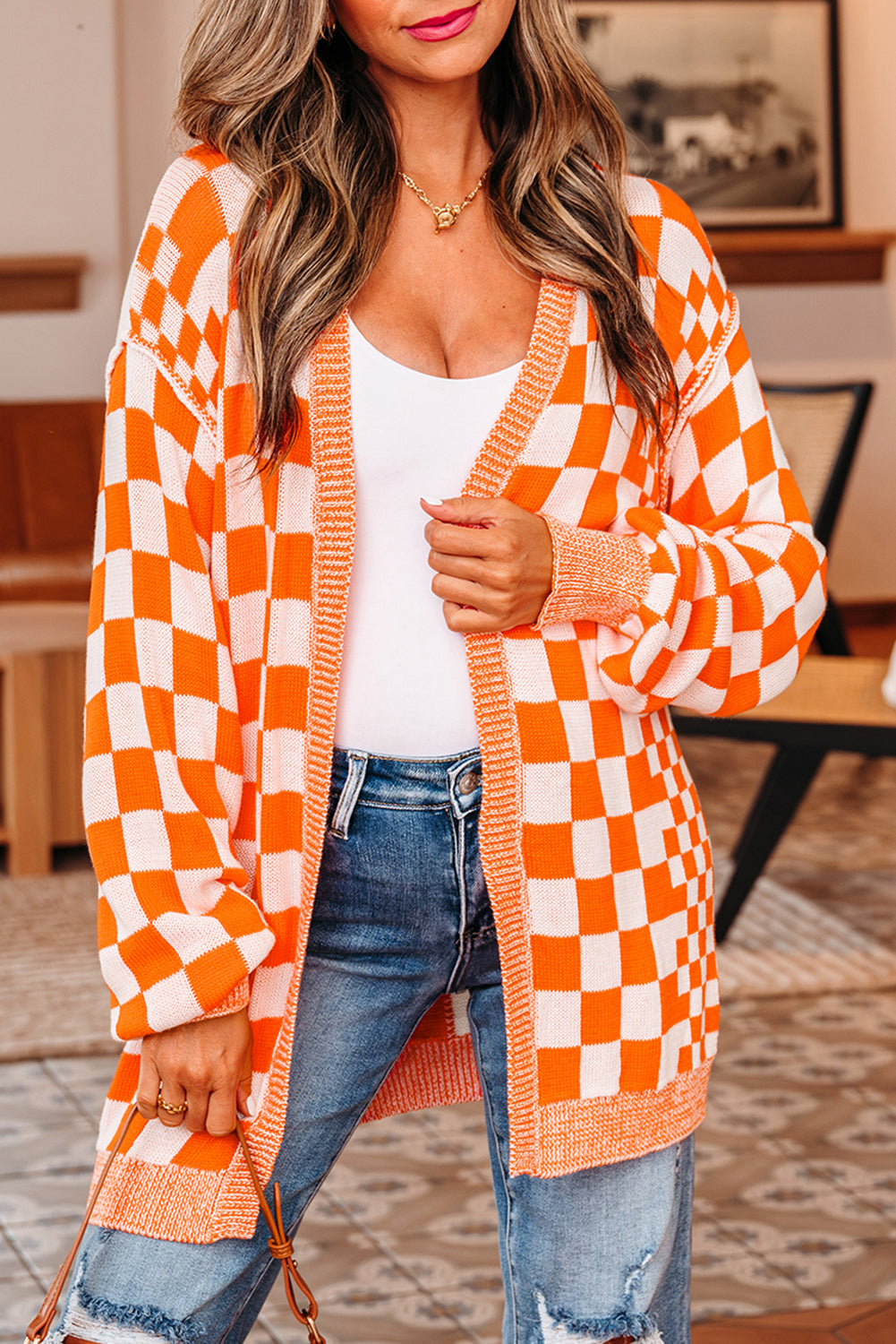 Orange Checkered Open Front Drop Shoulder Cardigan-Sweaters & Cardigans/Cardigans-[Adult]-[Female]-2022 Online Blue Zone Planet