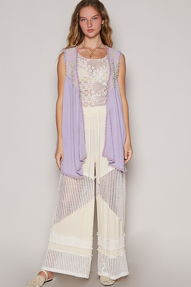 POL Embroidered Pearls Open Front Sleeveless Cardigan-TOPS / DRESSES-[Adult]-[Female]-2022 Online Blue Zone Planet