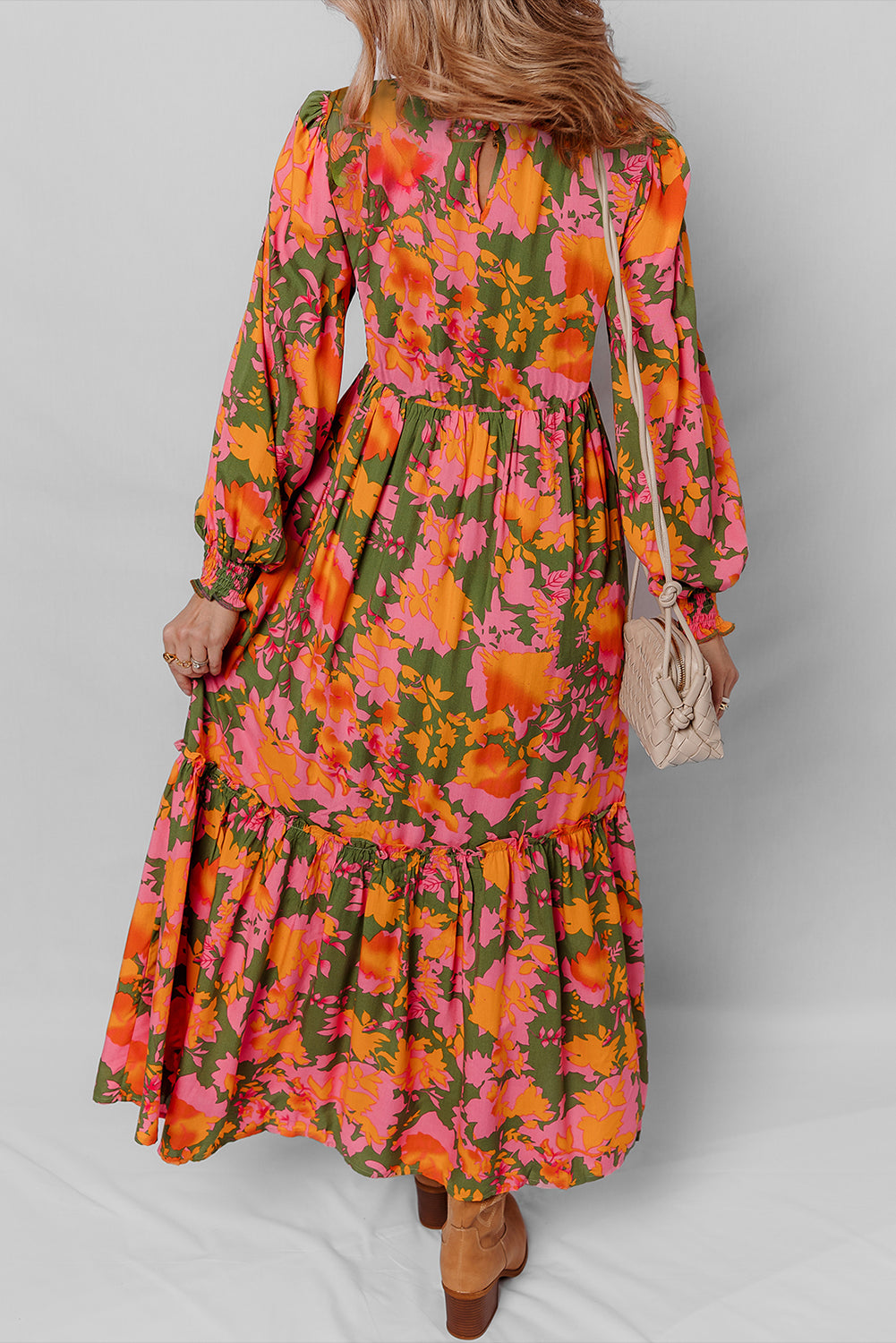 Orange Floral Puff Sleeve Smocked Bodice Ruffled Long Dress-TOPS / DRESSES-[Adult]-[Female]-2022 Online Blue Zone Planet