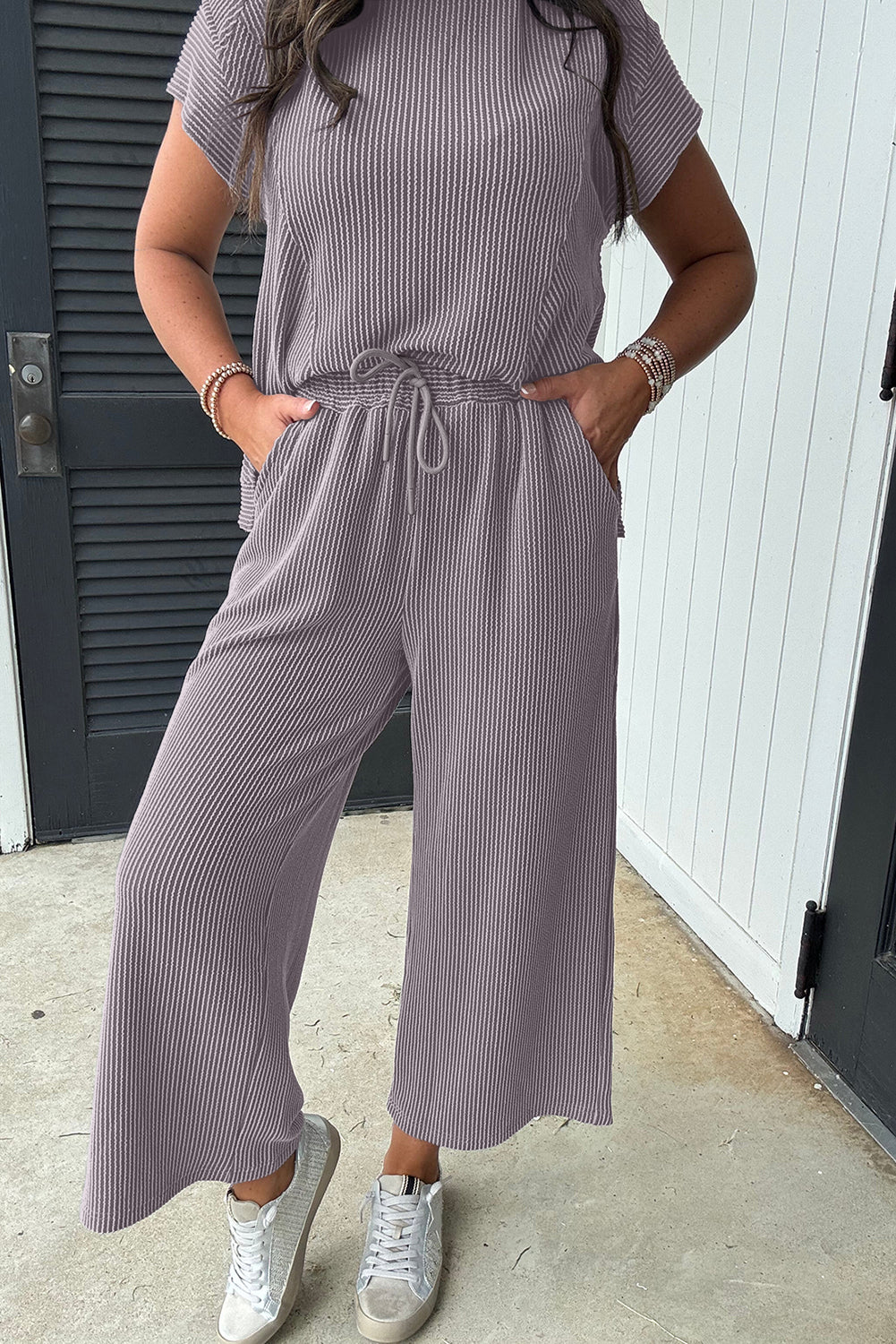 Blue Zone Planet | Wild Wind Solid Corded Knit Short Sleeve T Shirt and Wide Leg Pants Set-Two Piece Sets/Pant Sets-[Adult]-[Female]-2022 Online Blue Zone Planet