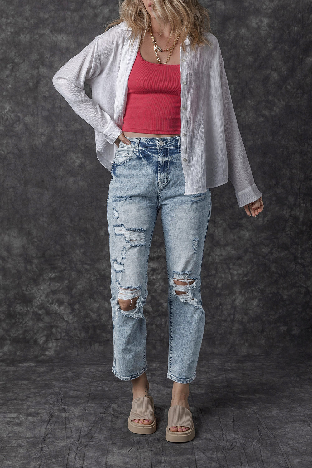 Sky Blue Light Wash Frayed Slim Fit High Waist Jeans-Bottoms/Jeans-[Adult]-[Female]-2022 Online Blue Zone Planet