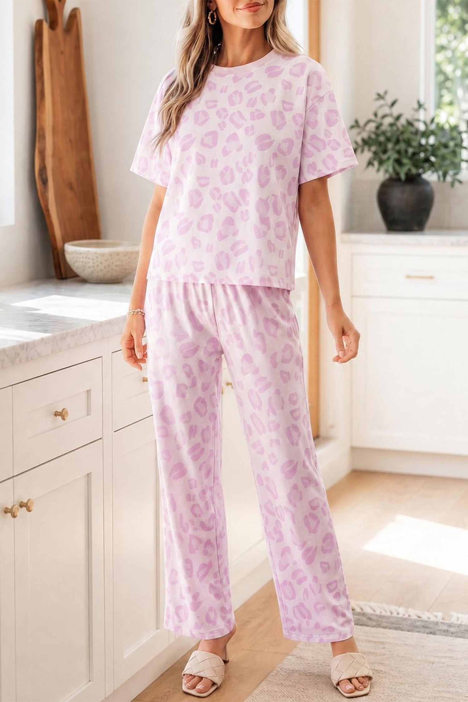 Pink Leopard Two Piece Top and Pants Set-Two Piece Sets/Pant Sets-[Adult]-[Female]-2022 Online Blue Zone Planet