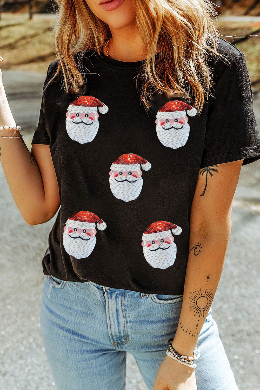 Black Faux Sequin Christmas Claus Pattern Crewneck T Shirt-Graphic/Graphic Tees-[Adult]-[Female]-Black-S-2022 Online Blue Zone Planet