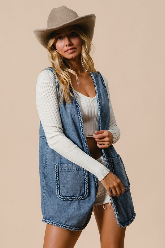 Blue Zone Planet | BiBi Braided Trim Open Front Denim Vest with Pockets-TOPS / DRESSES-[Adult]-[Female]-2022 Online Blue Zone Planet