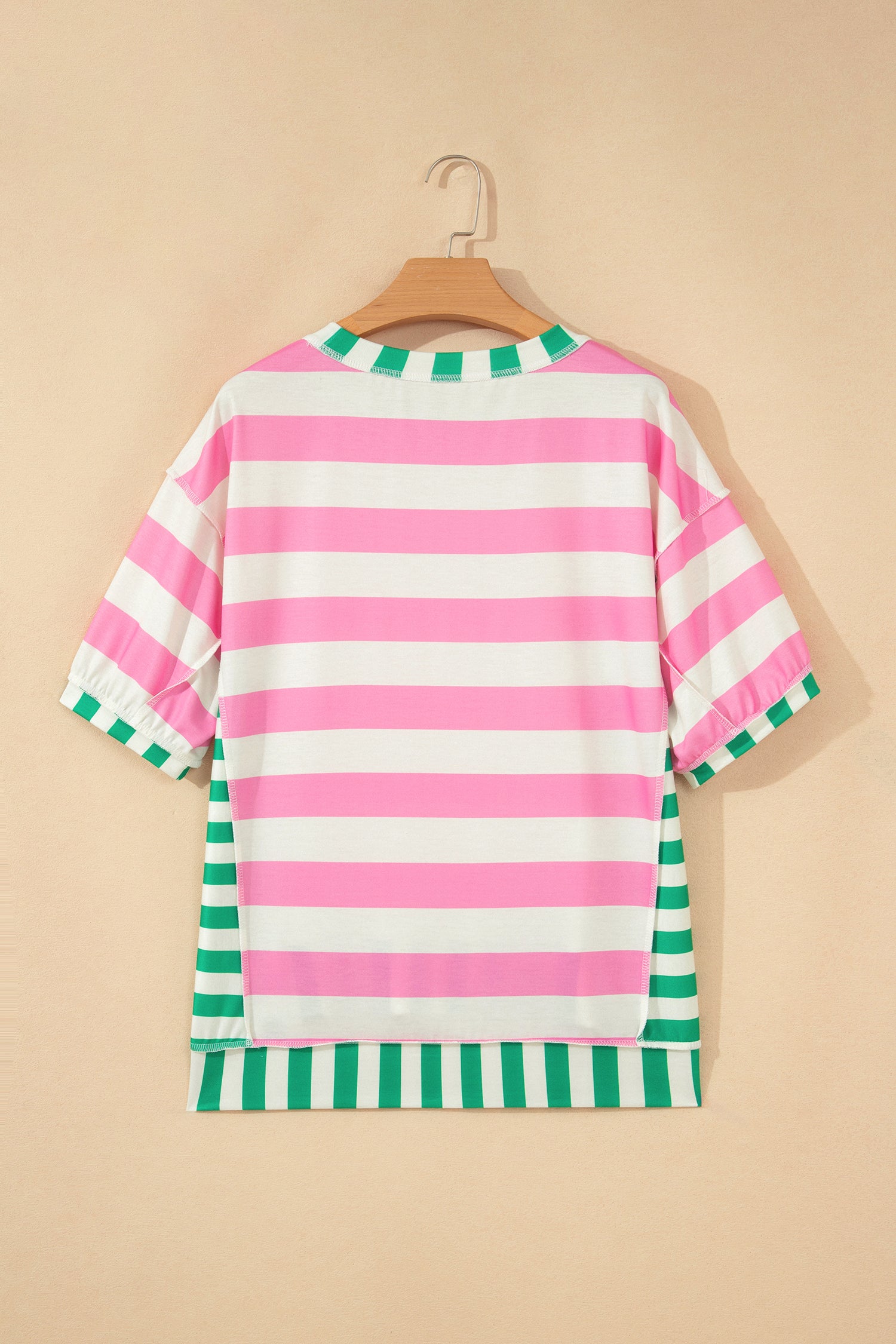 Pink Stripe Exposed Seam Contrast Patchwork Oversized Top-Tops/Tops & Tees-[Adult]-[Female]-2022 Online Blue Zone Planet