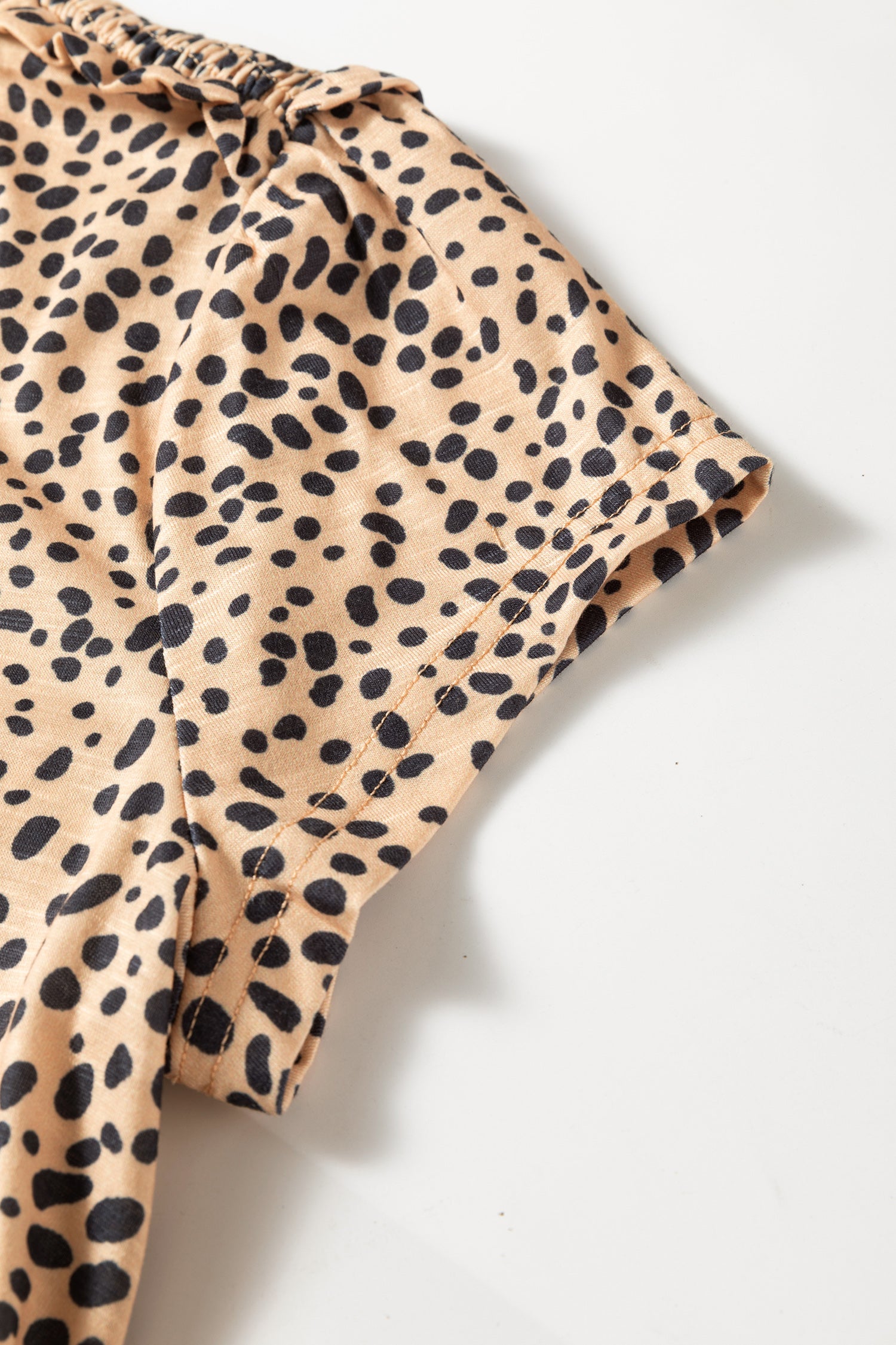 Apricot Cheeath Print Frilled V Neck Shirred Detail Short Sleeve Blouse-Tops/Blouses & Shirts-[Adult]-[Female]-2022 Online Blue Zone Planet
