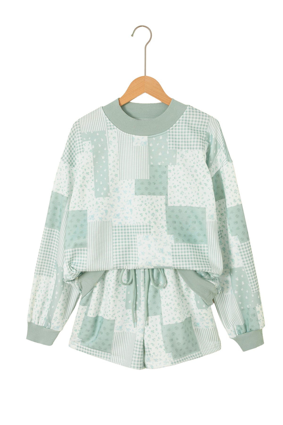 Green Patchwork Floral Print Drop Shoulder Baggy Pullover Drawstring Shorts Set-Two Piece Sets/Short Sets-[Adult]-[Female]-2022 Online Blue Zone Planet