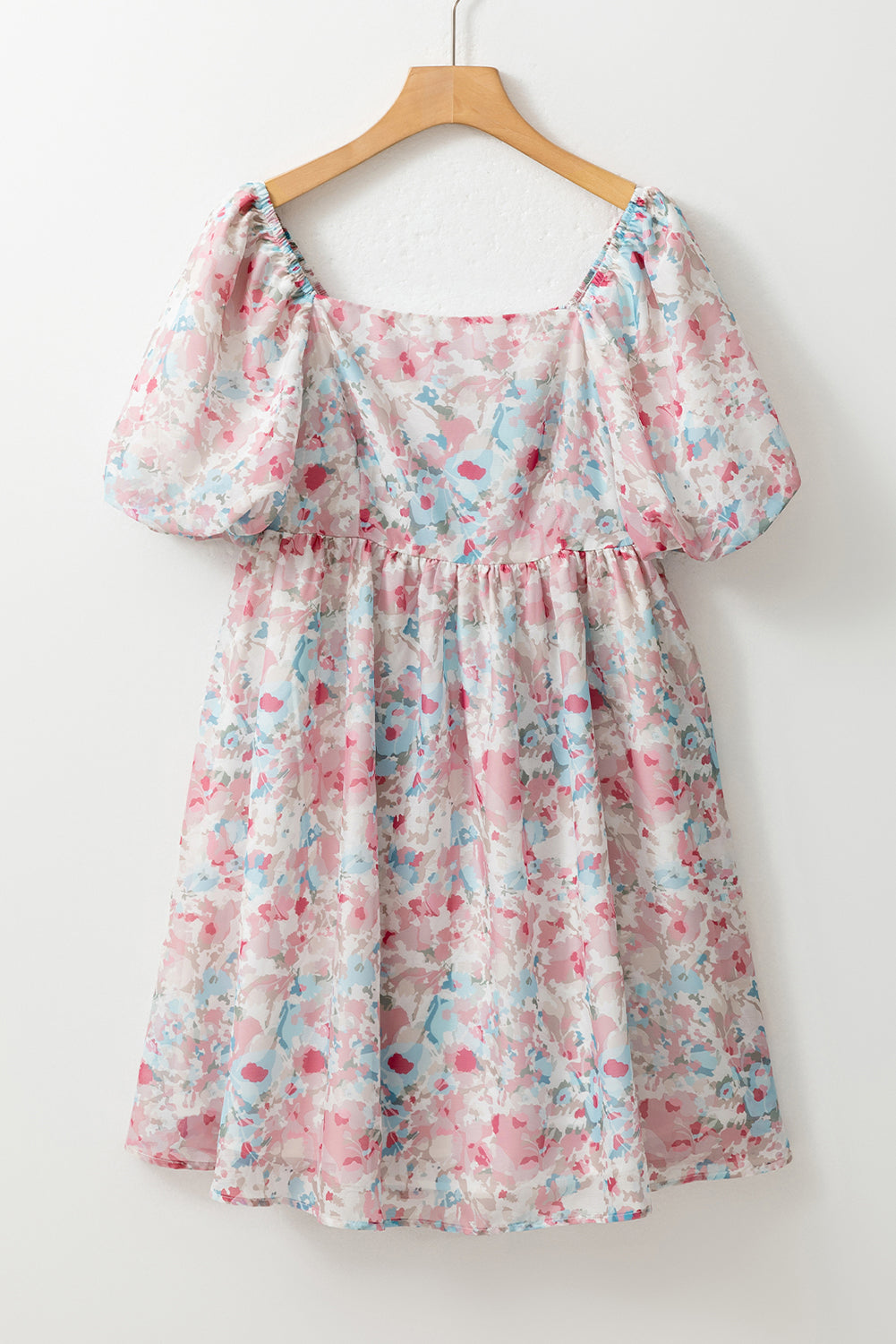 Pink Floral Puff Sleeve Square Neck Smock Ruffled Dress Blue Zone Planet