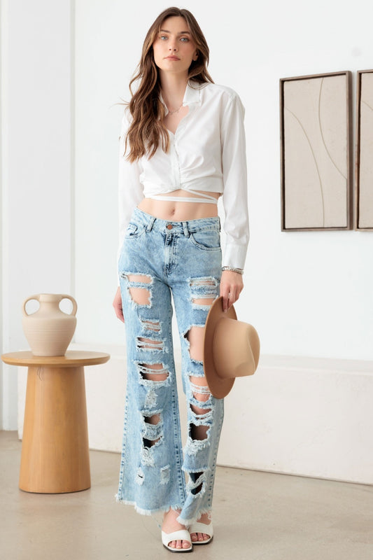 Blue Zone Planet | Litz La Distressed Frayed Hem Flare Jeans-TOPS / DRESSES-[Adult]-[Female]-Acid Wash Denim-1-2022 Online Blue Zone Planet