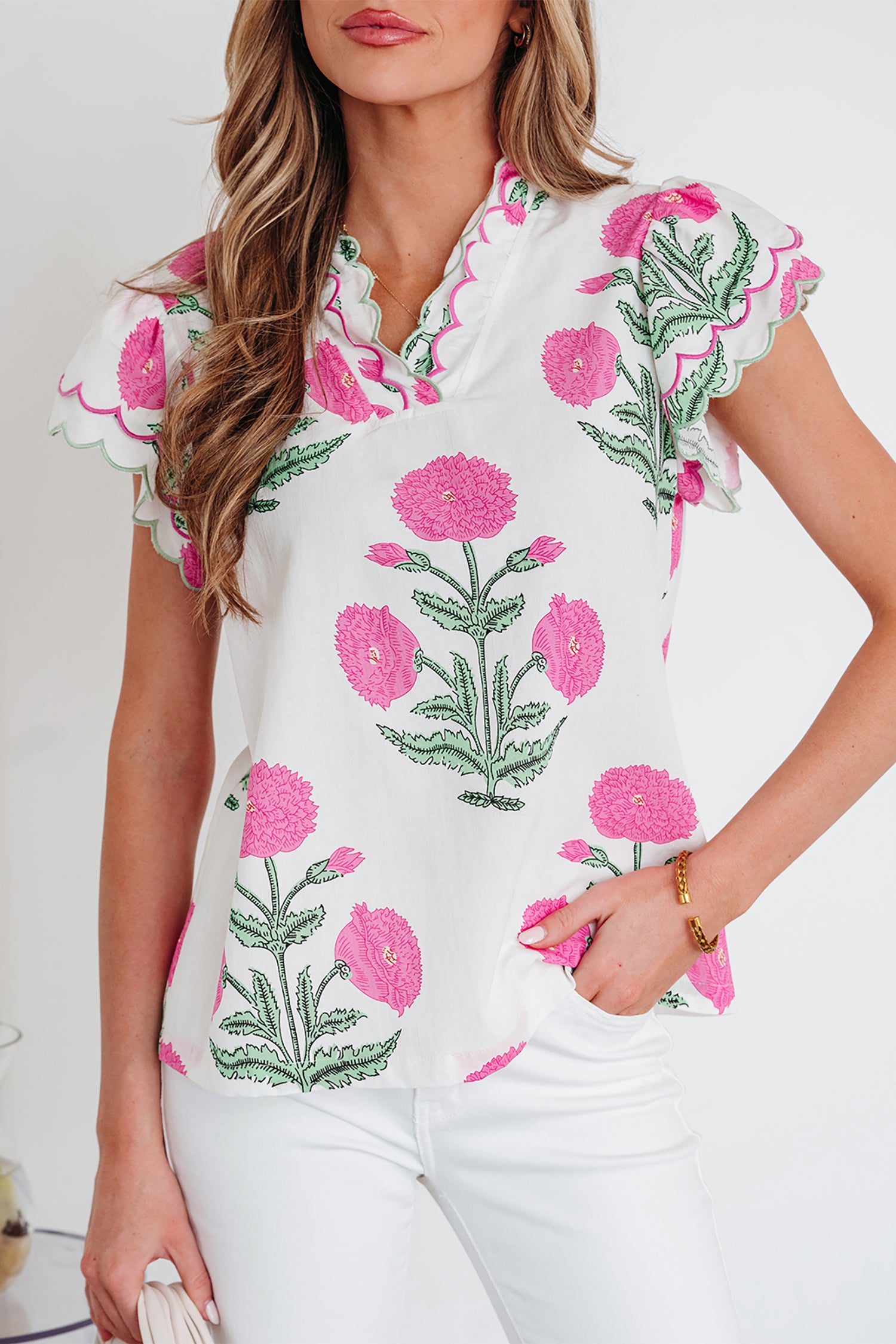 Pink Wild Flower Print Contrast Trim Scallop Detail Short Sleeve Blouse-Tops/Blouses & Shirts-[Adult]-[Female]-2022 Online Blue Zone Planet