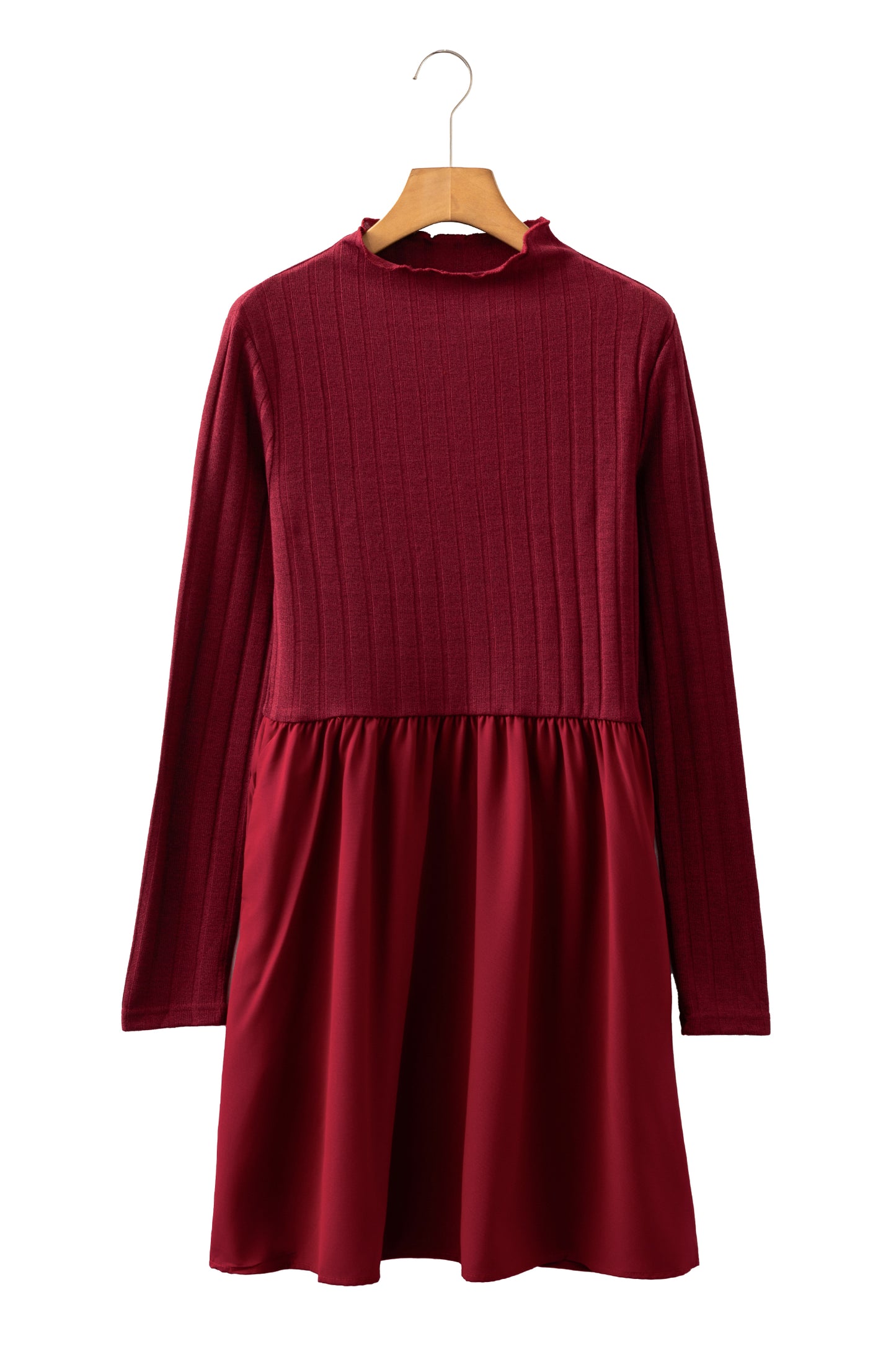 Red Dahlia Frilled Neck Ribbed Knit Patchwork Long Sleeve Mini Dress-TOPS / DRESSES-[Adult]-[Female]-2022 Online Blue Zone Planet