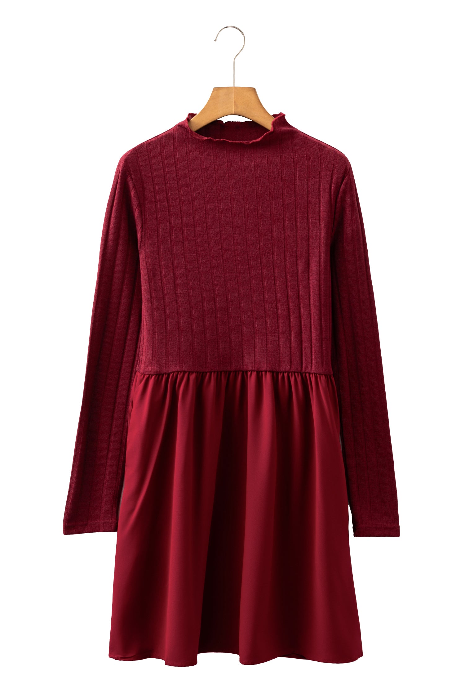 Red Dahlia Frilled Neck Ribbed Knit Patchwork Long Sleeve Mini Dress-TOPS / DRESSES-[Adult]-[Female]-2022 Online Blue Zone Planet